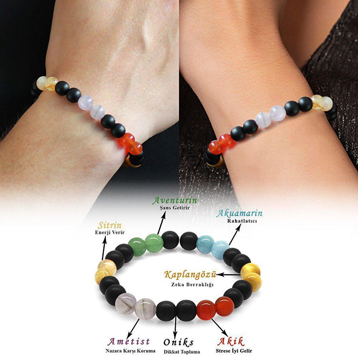 Küre Kesim Multicolor Doğaltaş Kombinli Kadın-Erkek Başarı Bilekliği (2li Set)