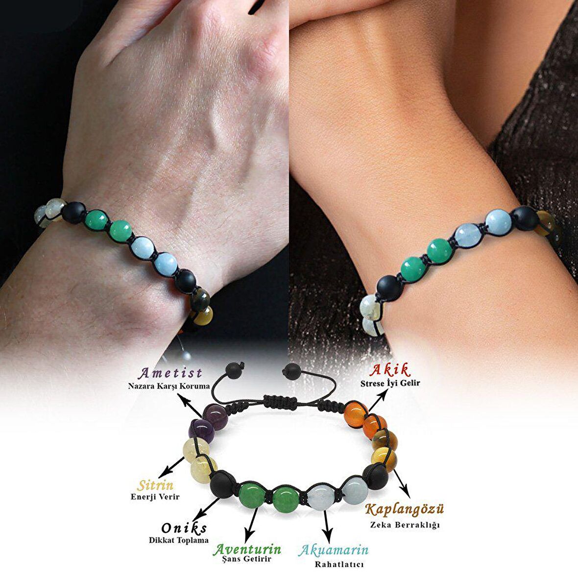 Makrome Örgülü Küre Kesim Multicolor Doğaltaş Kombinli Kadın-Erkek Başarı Bilekliği (2li Set)