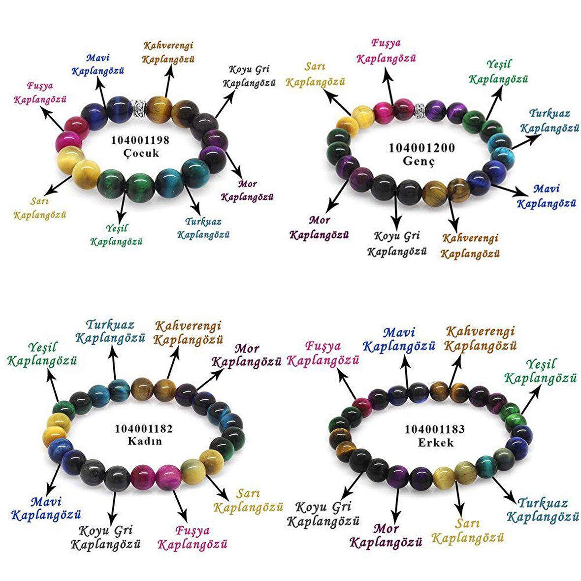 Küre Kesim Kaplangözü Doğaltaş Kombinli Aile Enerji Bilekliği(4lü Set)