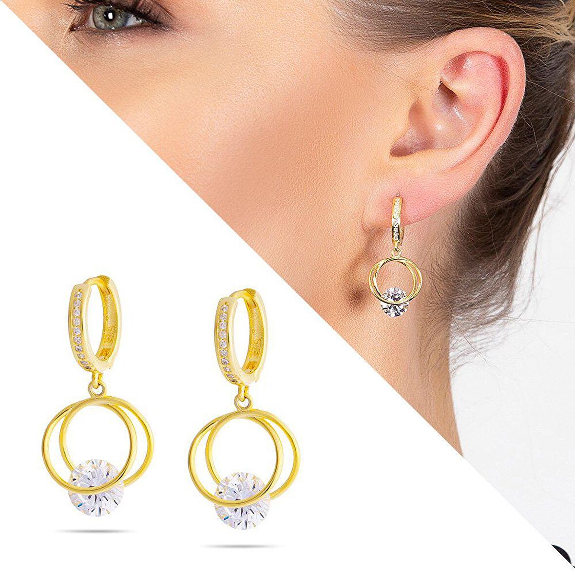 Starlight Diamond Tektaşlı Kalp Tasarım Gold Renk 925 Ayar Gümüş Sallantılı Küpe