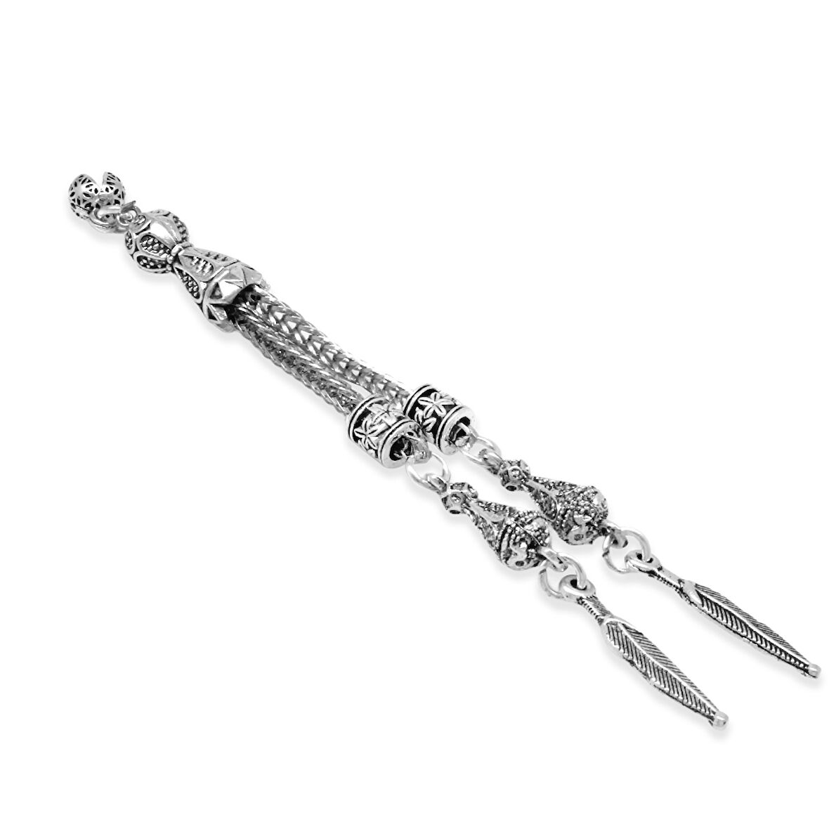 Uzun Yaprak Temalı Foxtail Zincirli Çift Kamçılı Kararmaz Metal Püskül