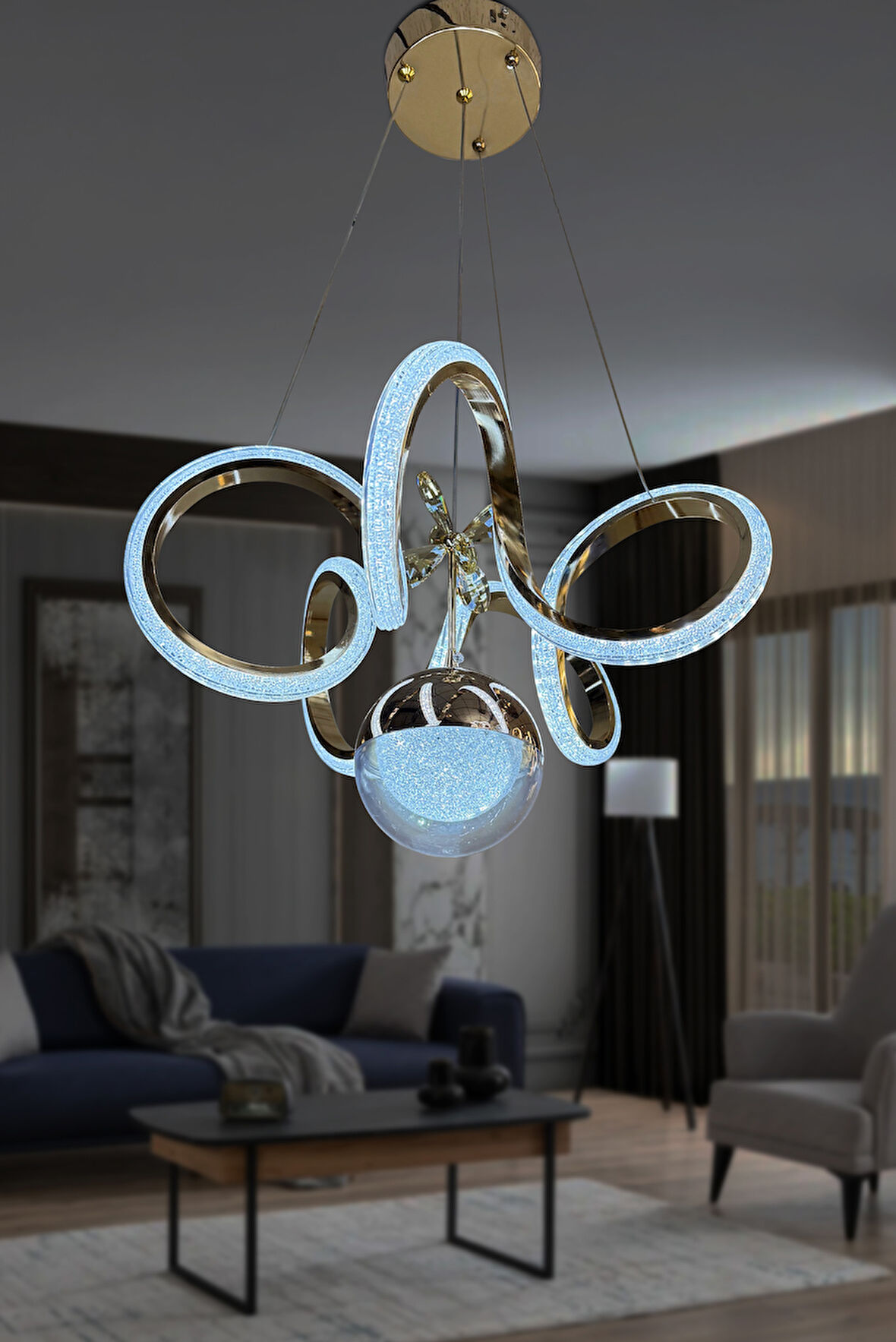 Kıvrım Tekli Fanus Top Simli Slikonlu Modern Oturma Led Avizesi