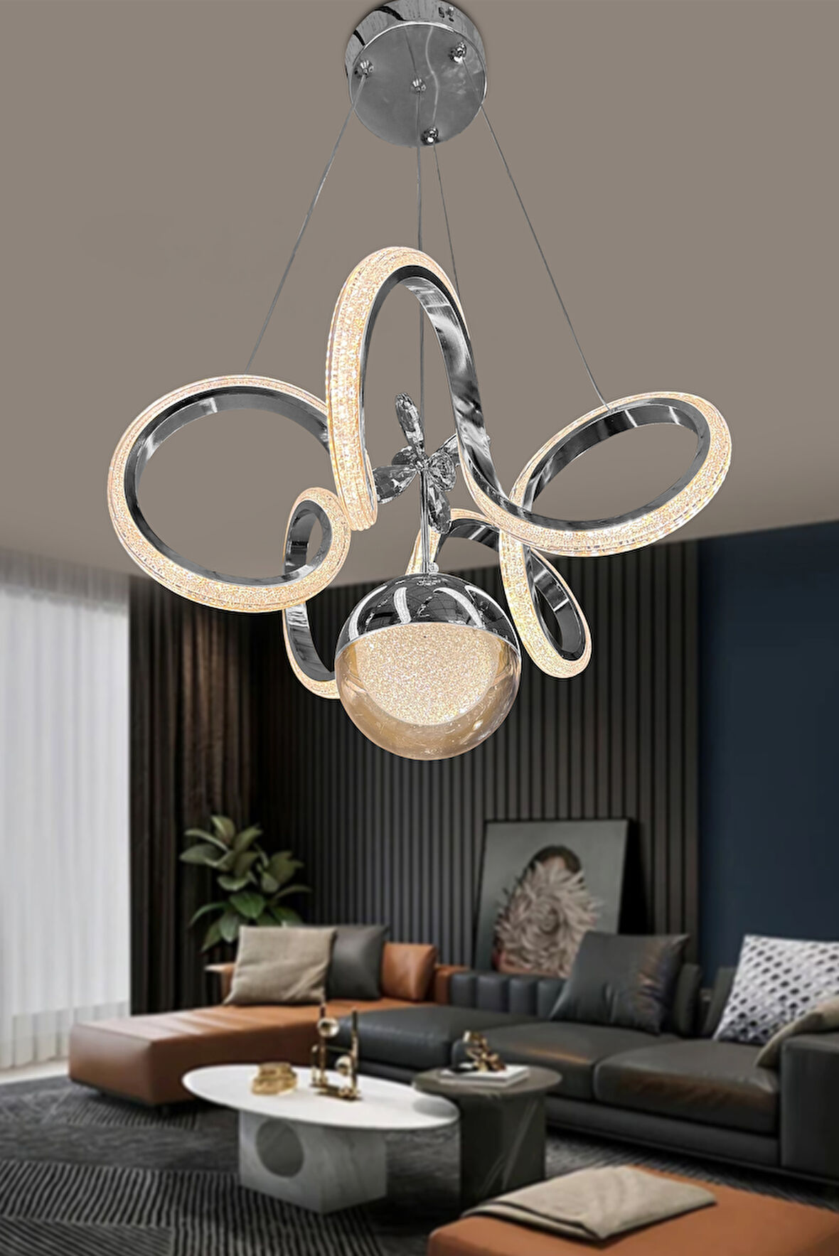 Kıvrım Tekli Fanus Top Simli Slikonlu Modern Oturma Led Avizesi