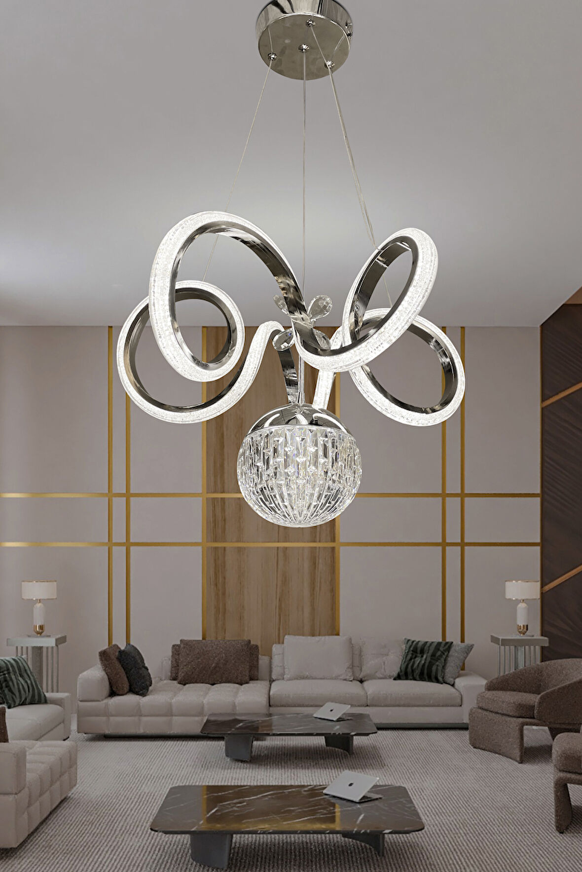 Kıvrım Tekli  Kristal Top Simli  Slikonlu Modern Oturma Led Avizesi