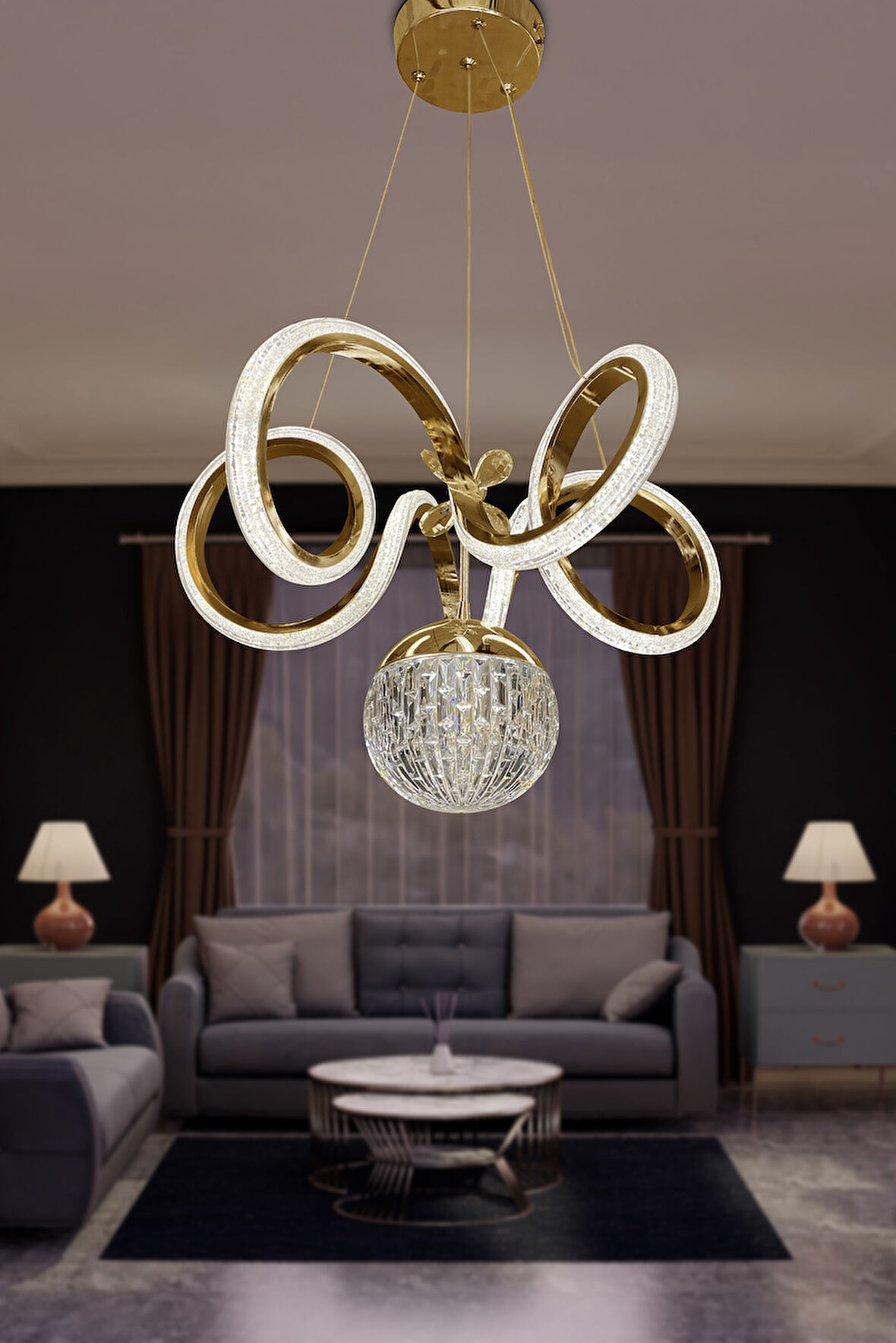 Kıvrım Tekli  Kristal Top Simli  Slikonlu Modern Oturma Led Avizesi