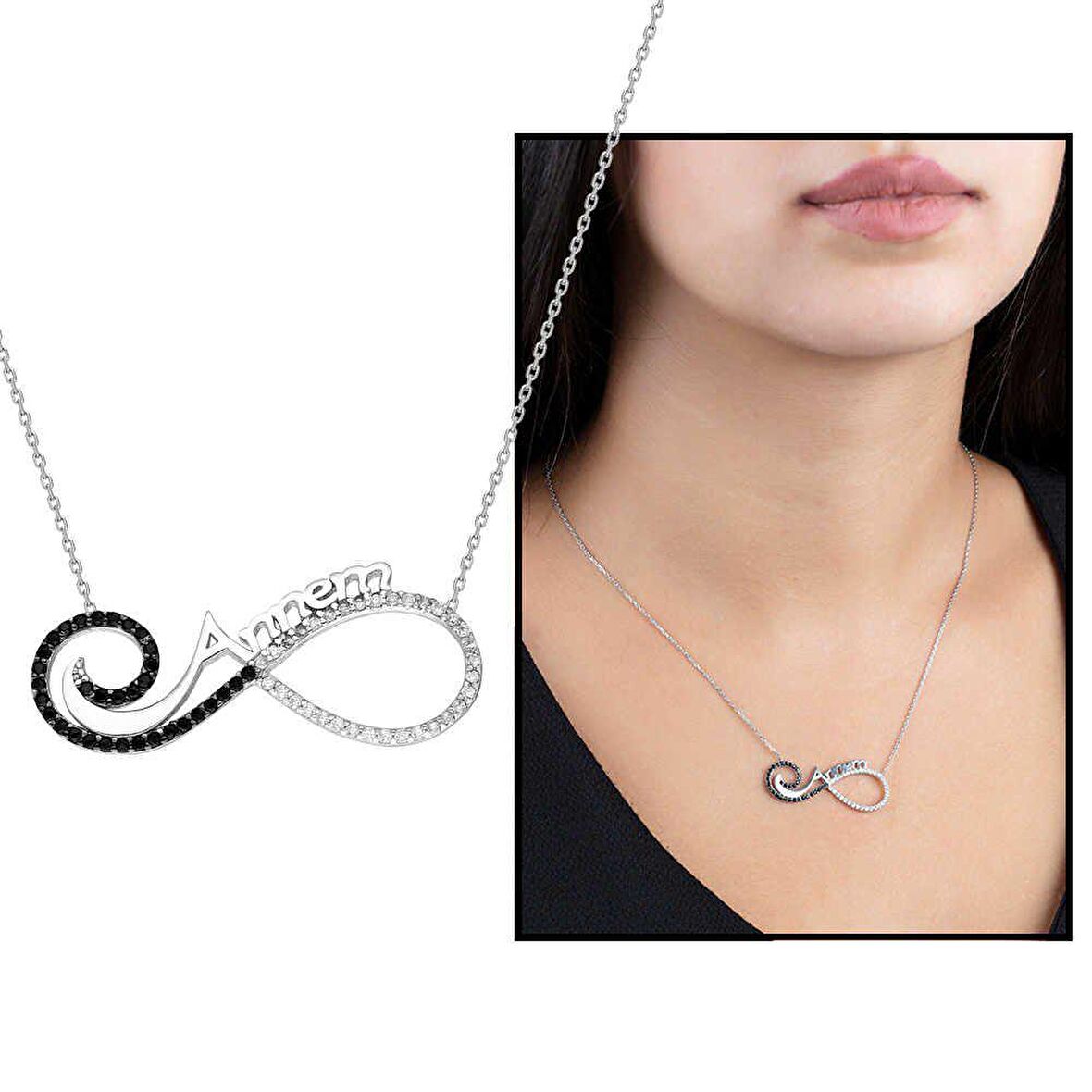Siyah-Beyaz Zirkon Taşlı Annem Yazılı Sonsuzluk 925 Ayar Gümüş Kadın Kolye