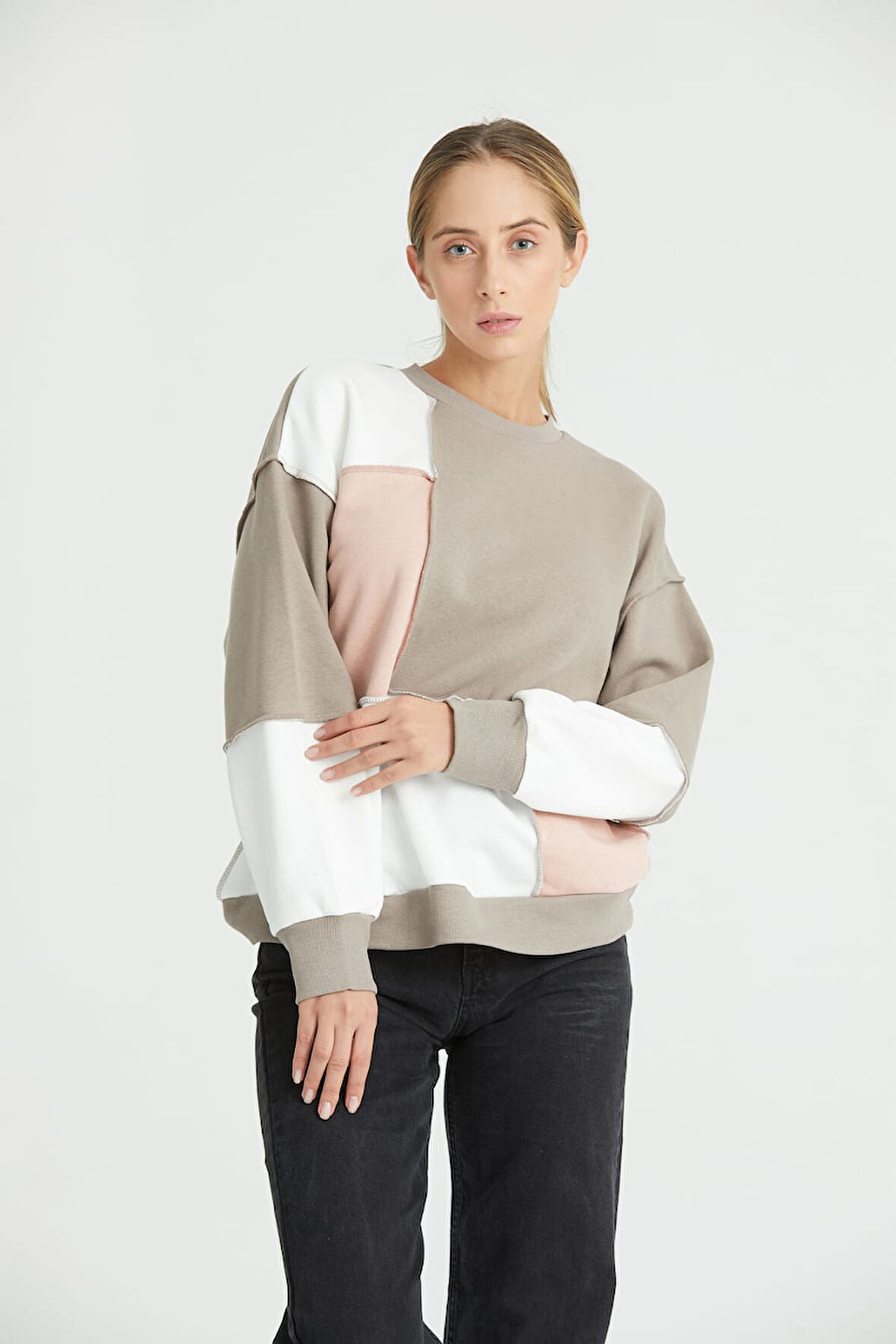 Kadın Renkli Mixli Dikiş Detay Sweatshirt