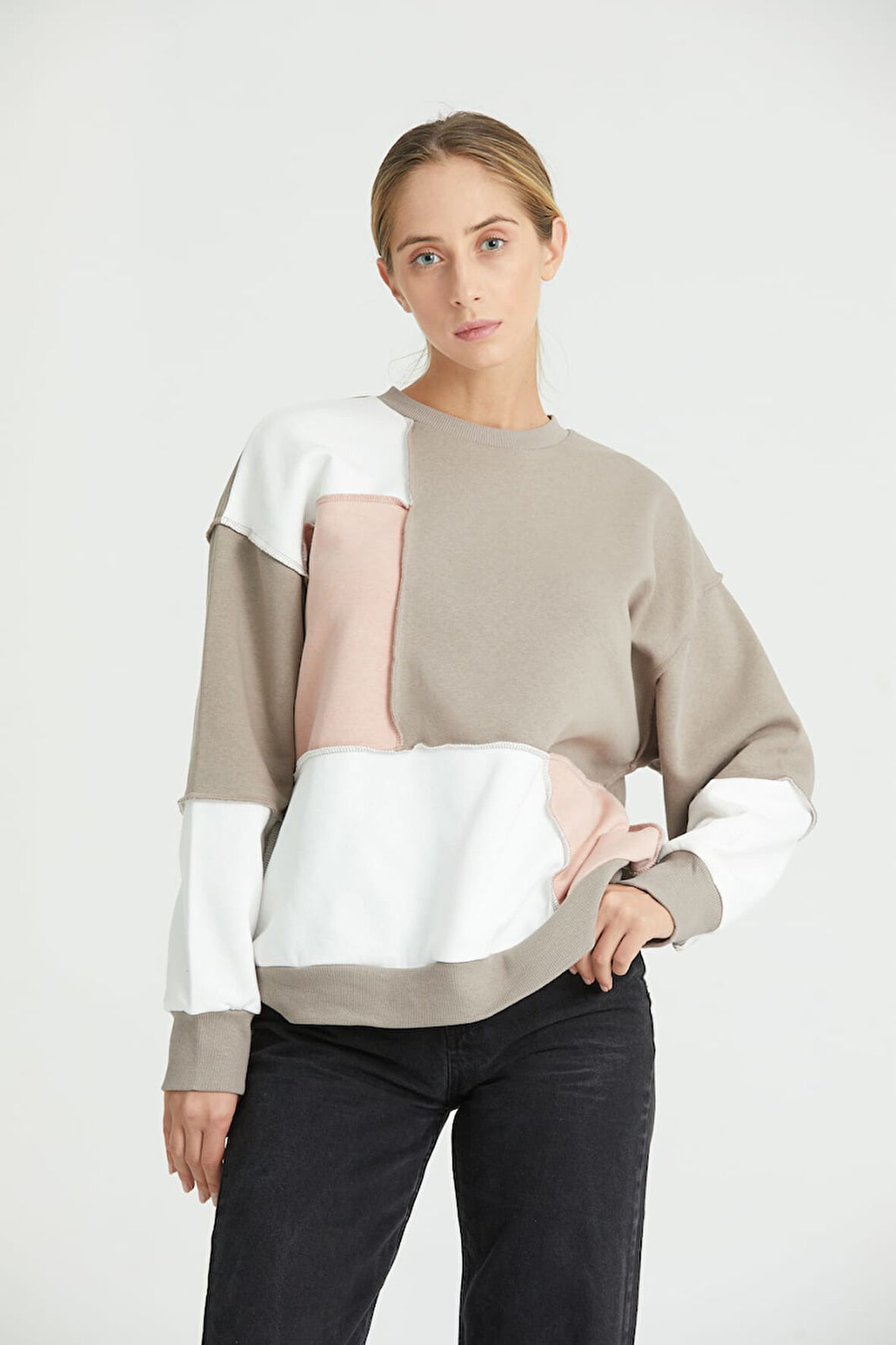 Kadın Renkli Mixli Dikiş Detay Sweatshirt