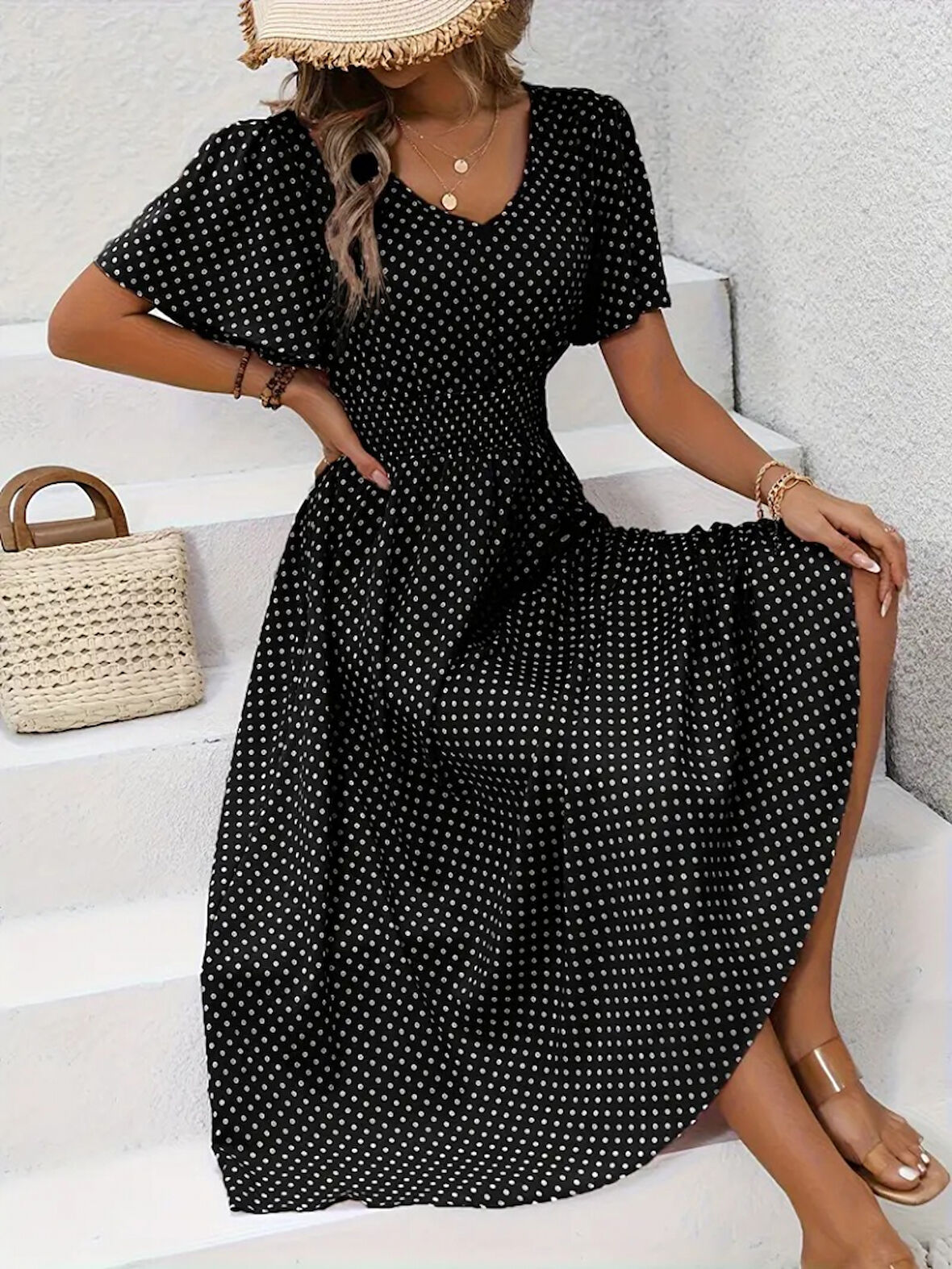 Rose's Boutiqe All About Women Kadın Kısa Kollu Beli Gipeli Puantiyeli Midi Süprem Elbise
