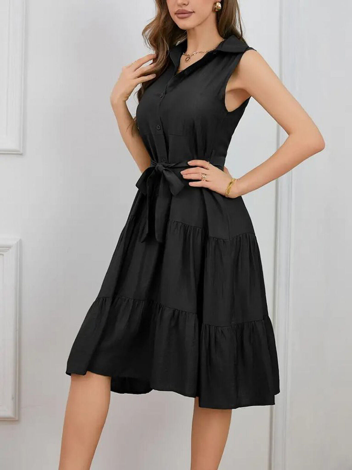 Rose's Boutiqe All About Women Kadın Sıfır Kollu Gömlek Yaka Düğmeli Beli Kuşaklı Katlı Dokuma Midi Elbise