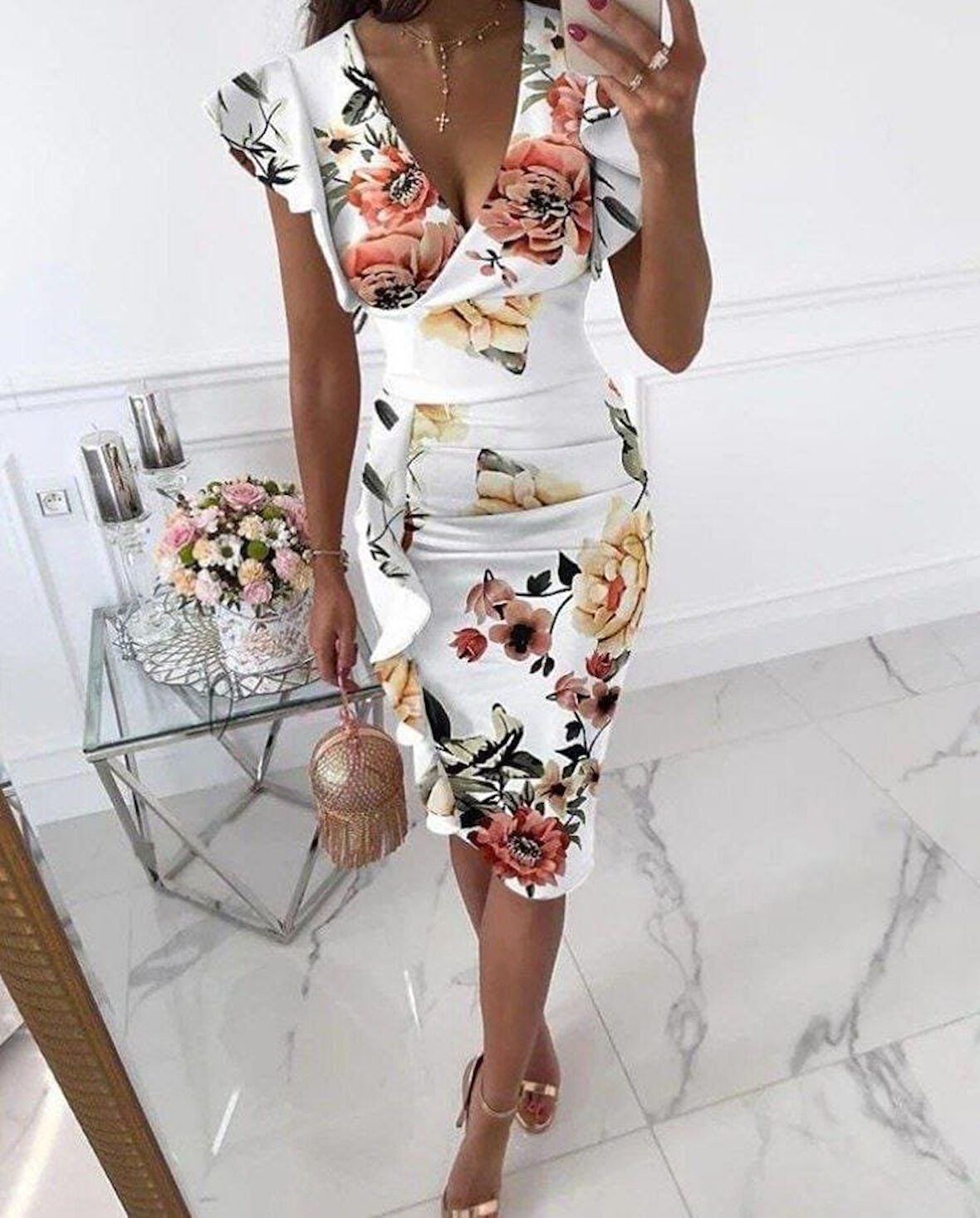 Rose's Boutiqe All About Women Kadın Kruvaze Yaka çiçek Desenli Volan Detay Fermuarlı Midi Boy Elbise