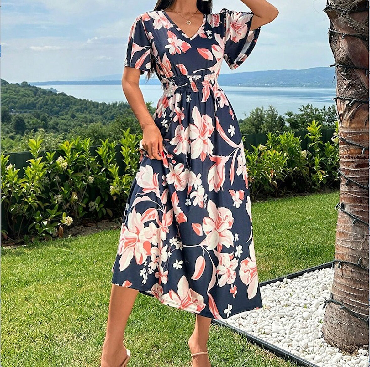 Rose's Boutiqe All About Women Kadın Kısa Kollu Volanlı Kol Beli Gipeli Jakarlı Vual Midi Boy Elbise