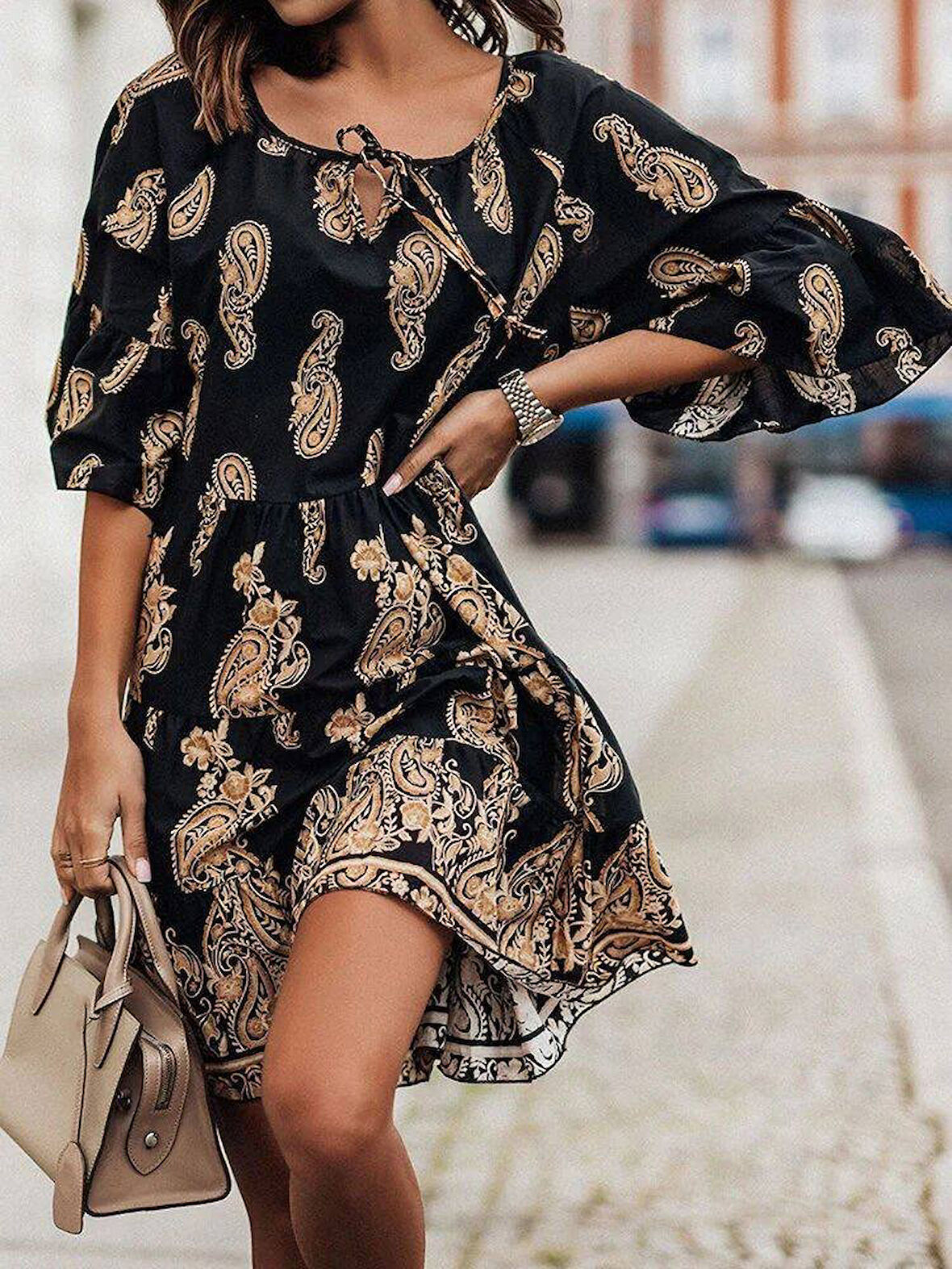 Rose's Boutiqe All About Women Kadın Önden Bağcıklı, Kolları Ve Eteği Fırfırlı Süprem Kumaş Elbise