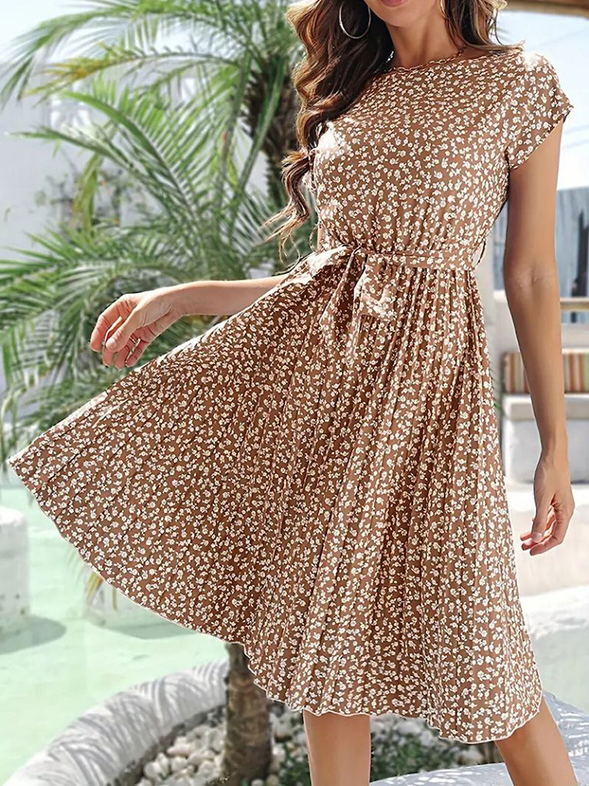 Rose's Boutiqe All About Women Kadın Kısa Kollu Bisiklet Yaka Pileli Midi örgü Krep Elbise