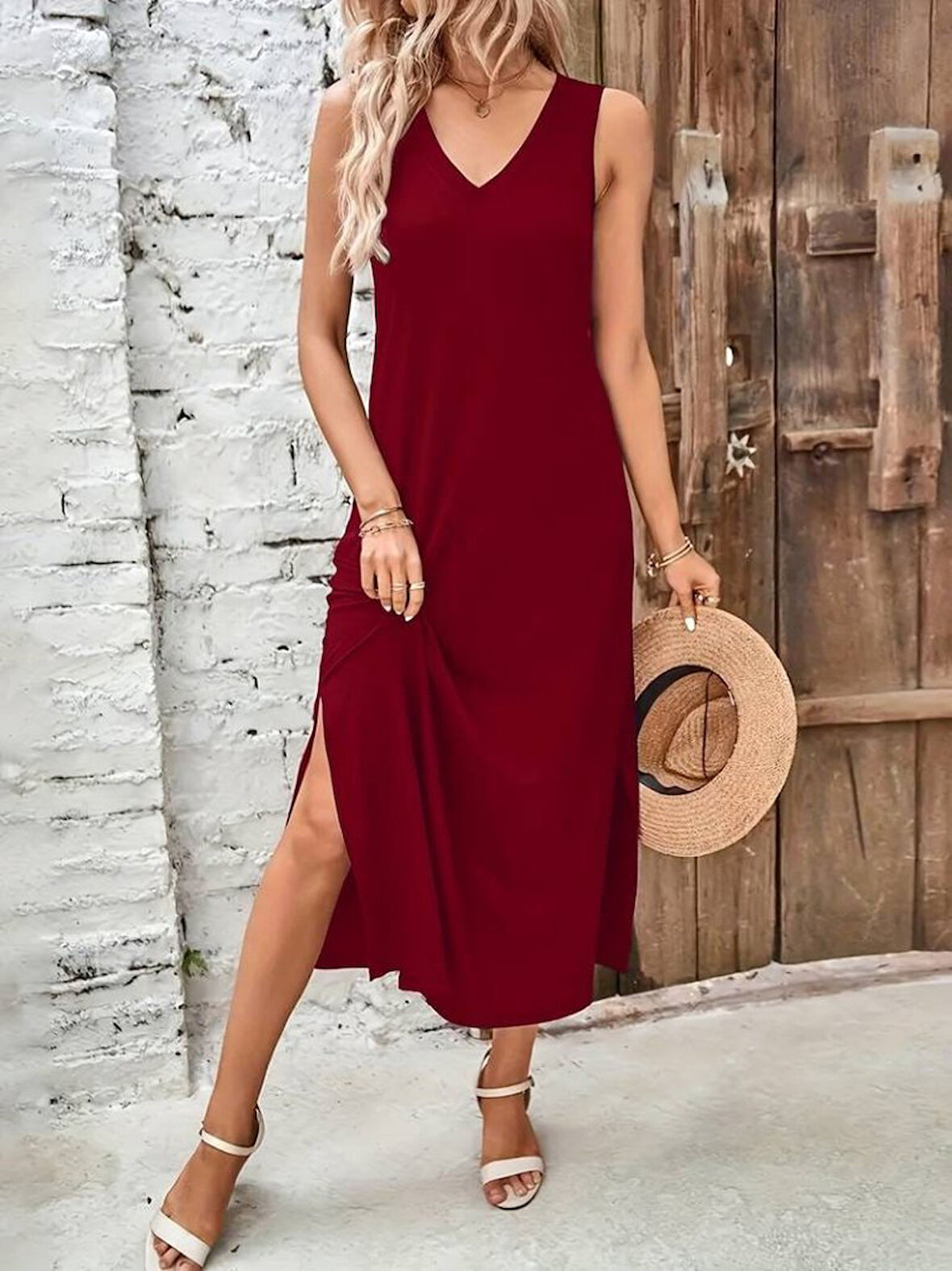 Rose's Boutiqe All About Women Kadın V Yaka Yanları Yırtmaç Detay Viskon Elbise