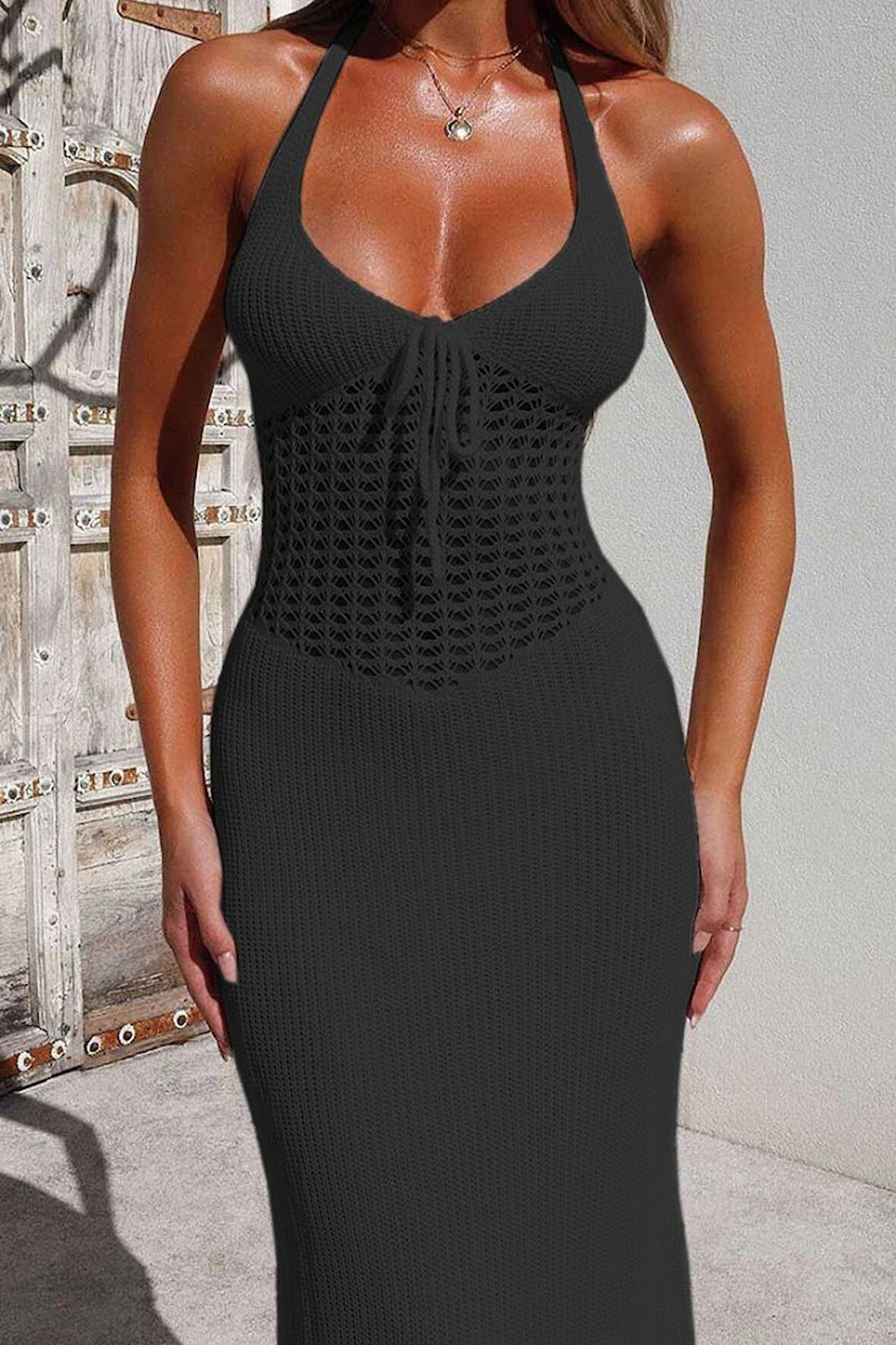 Rose's Boutiqe All About Women Kadın Boyundan Ve Sırttan Bağlamalı Dekolteli Triko Uzun Elbise