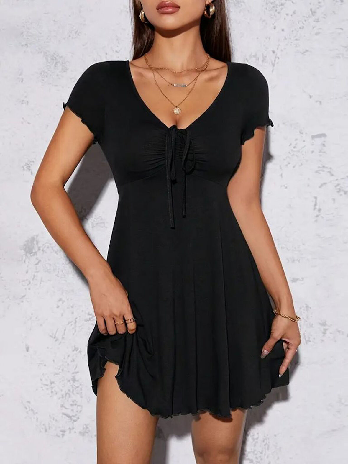 Rose's Boutiqe All About Women Kadın Kısa Kollu V Yaka Bağlama Detaylı Kısa Viskon Elbise