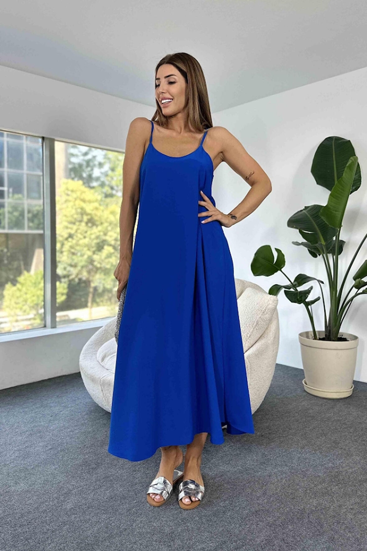 Rose's Boutiqe All About Women Kadın Aerobin Kumaş Ayarlanabilir Askılı V Yaka Bol Kesim Maxi Boy Elbise