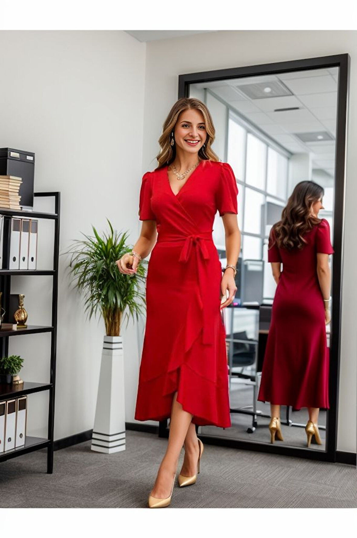 Rose's Boutiqe All About Women Kadın Kruvaze Yaka Midi Boy Kuşaklı Krep Elbise 120 Cm