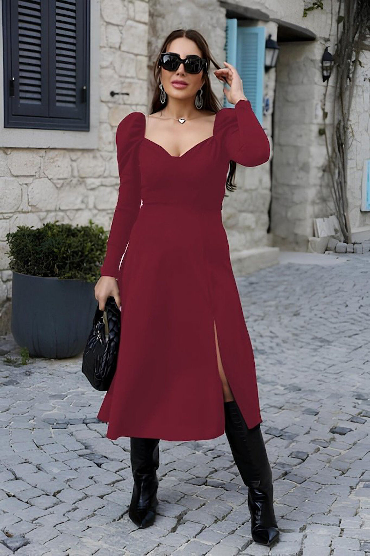 Rose's Boutiqe All About Women Kadın Uzun Kollu Göğüs Ve Sırt Dekolteli Krep Midi Boy Elbise