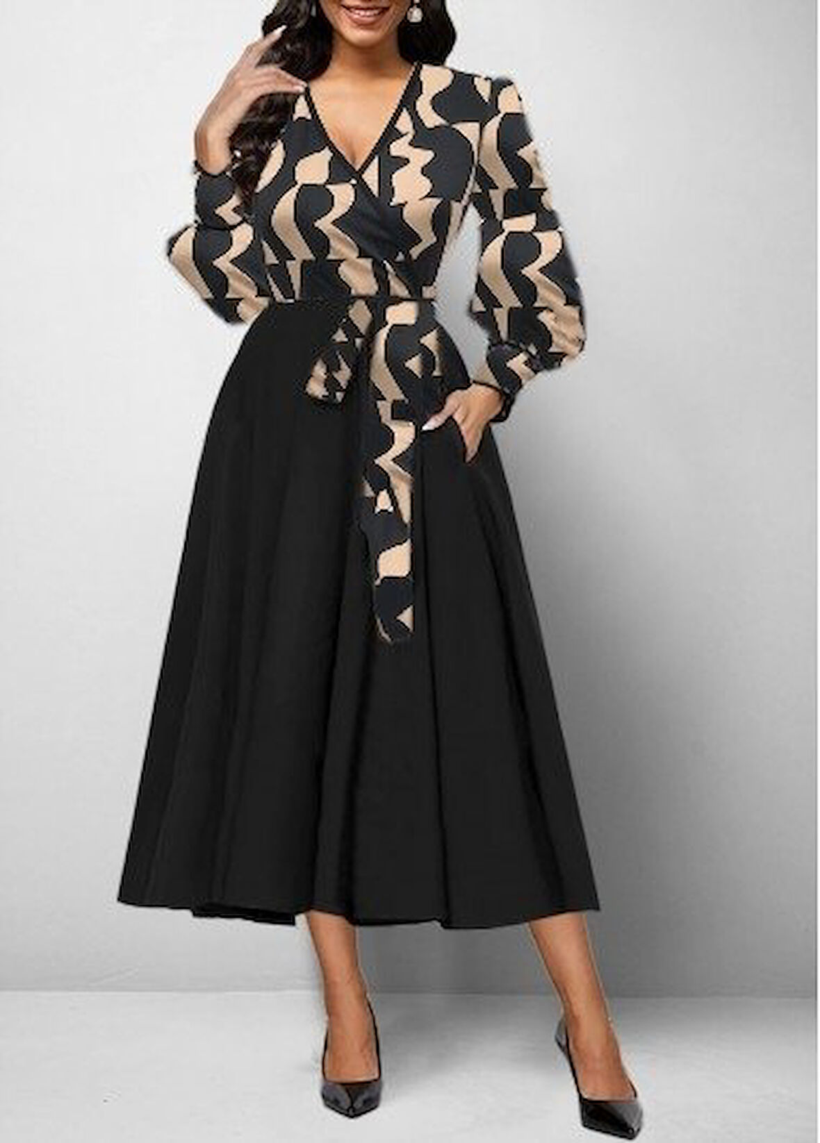 Rose's Boutiqe All About Women Kadın Uzun Kollu Kruvaze Yaka Dalgıç Krep Midi Boy Elbise