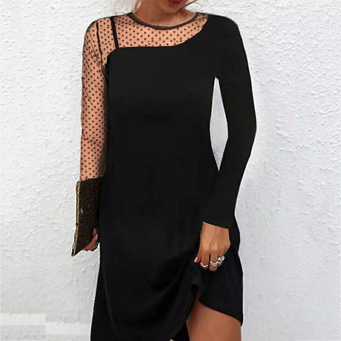 Rose's Boutiqe All About Women Kadınsiyah Uzun Kollu Boyun Ve Kol Puantiyeli Krep Elbise