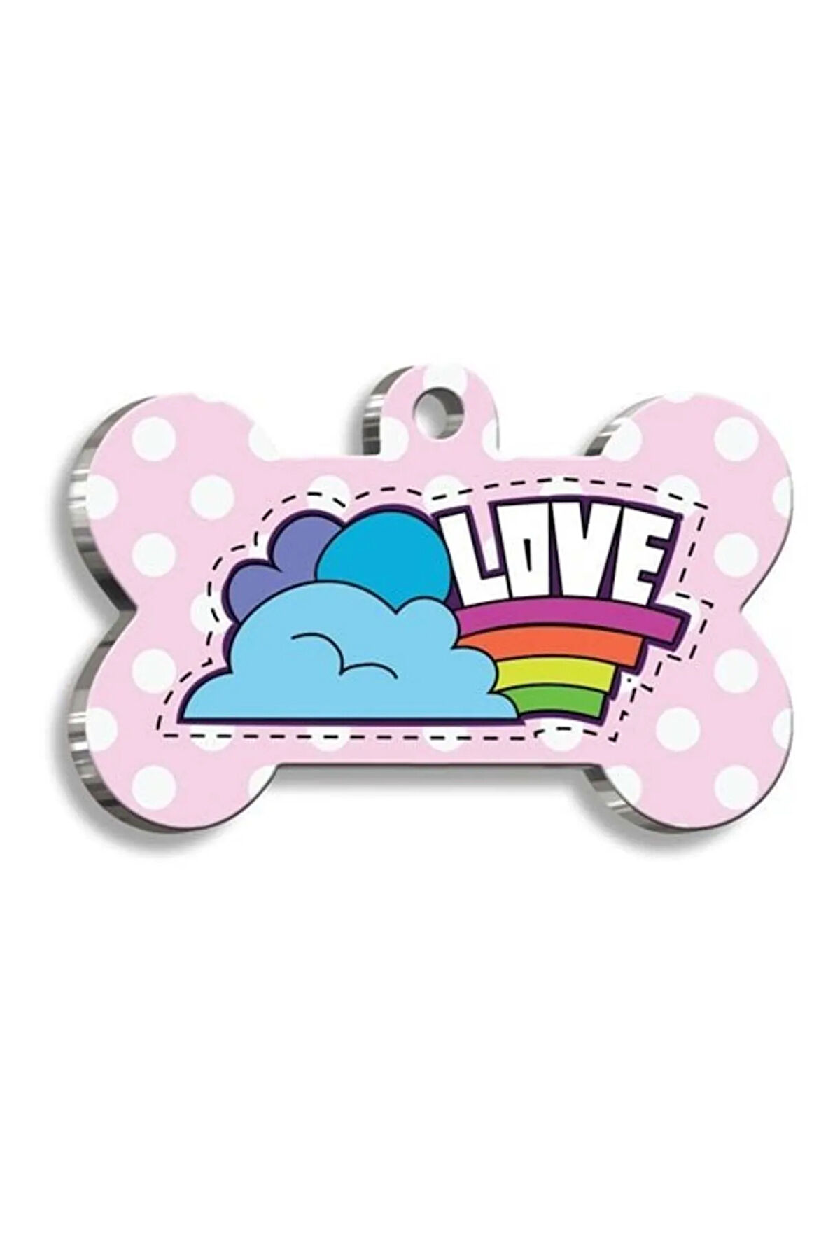 Pembe Puantiyeli Love Kemik Şekilli Köpek Künyesi XLarge 3,3 x 5 cm