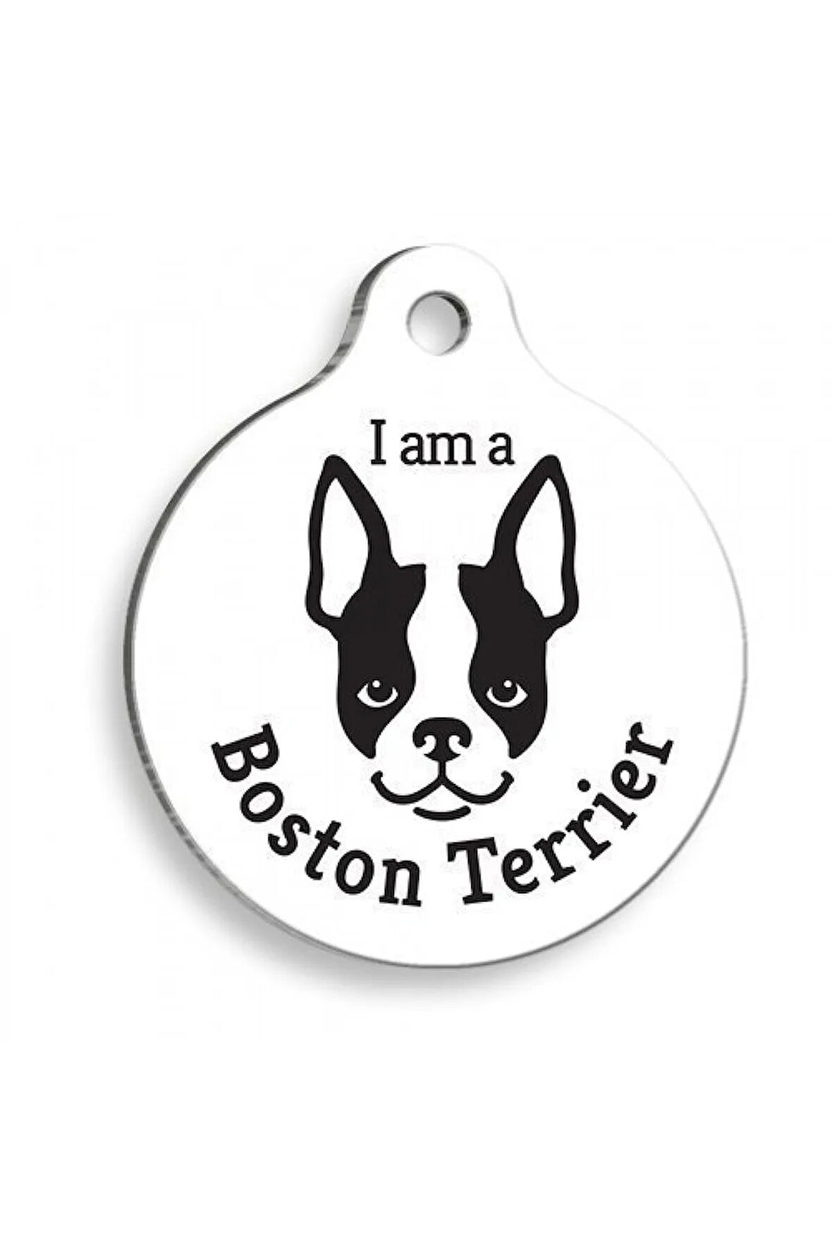 Beyaz Boston Terrier Yuvarlak Köpek Künyesi Medium: 3 cm.