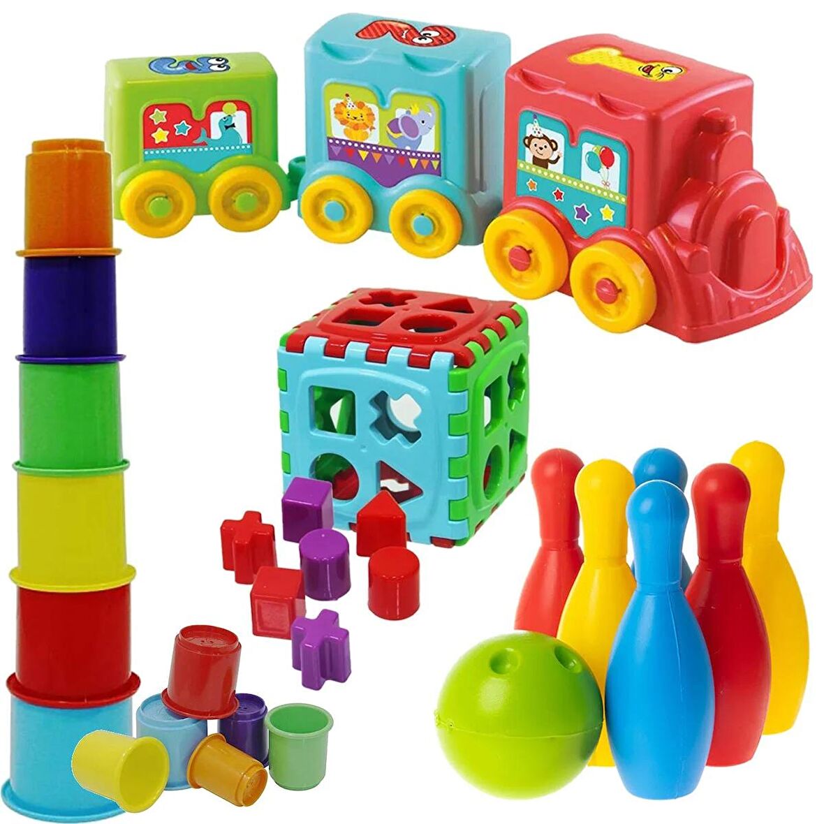 Eğlenceli Aktivite Treni + Bowling Seti + Bultak Küp + Sevimli Kule Eğitici Oyuncak Seti