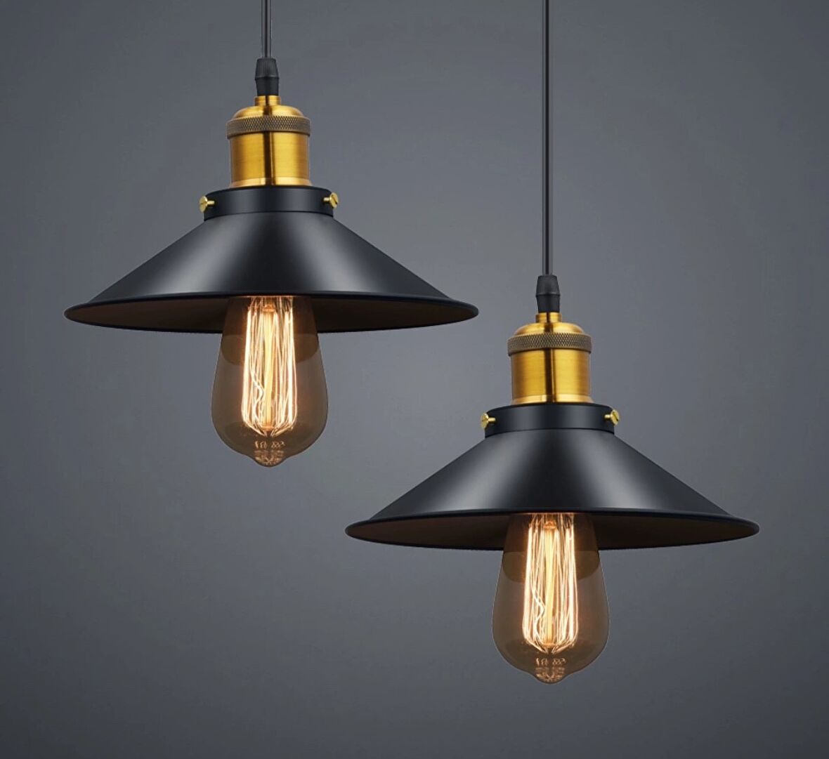 Retro Ikili  Siyah Yuvarlak Metal Sarkıt Avize 30 cm En