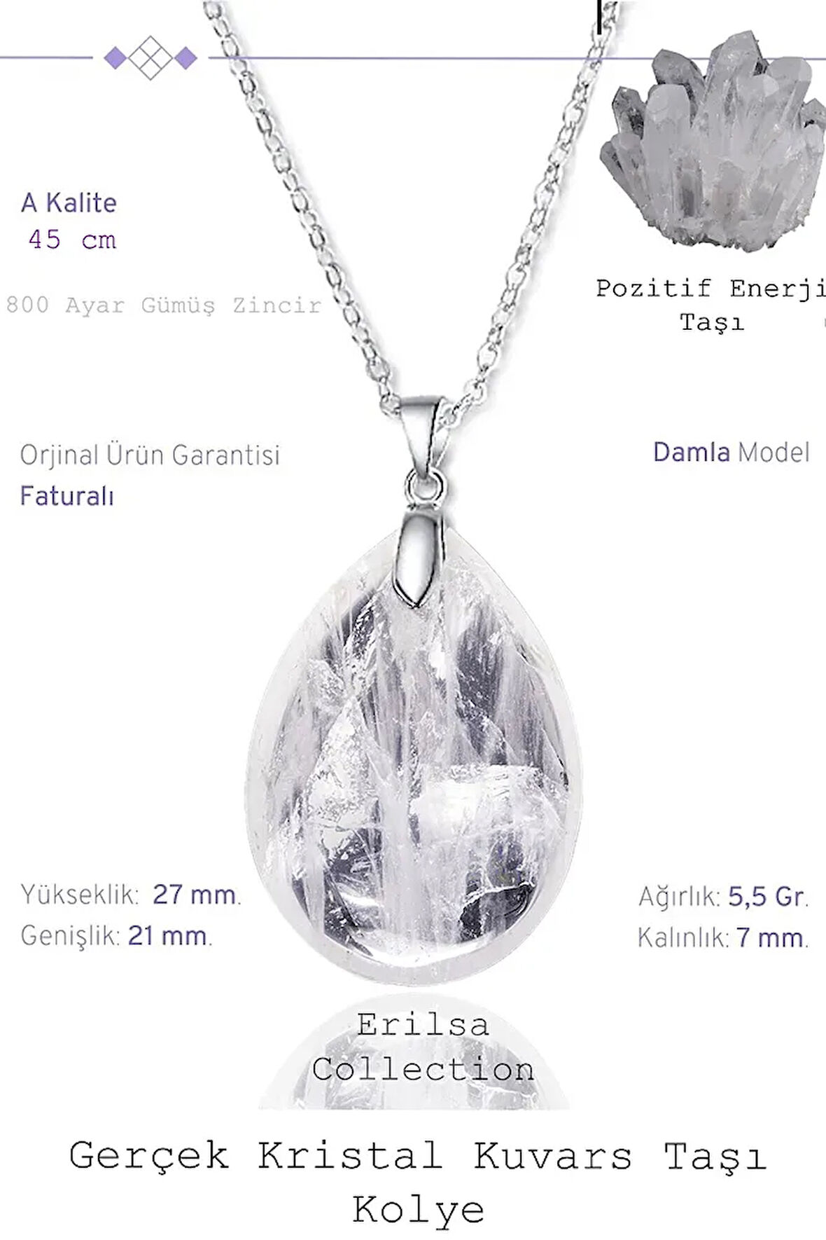 Sertifikalı Damla Model Kristal Kuvars Taşı Kolye (GÜMÜŞ APARATLI)