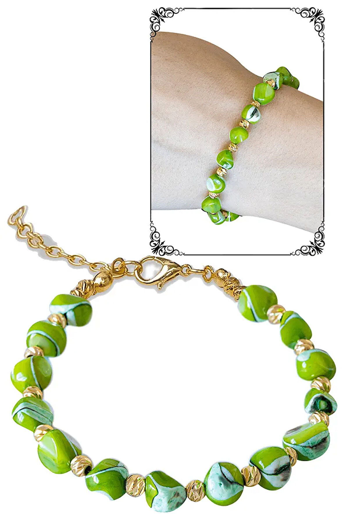 Sertifikalı Amorf Model Yeşil Sedef Taşı Bileklik - Ayarlamalı