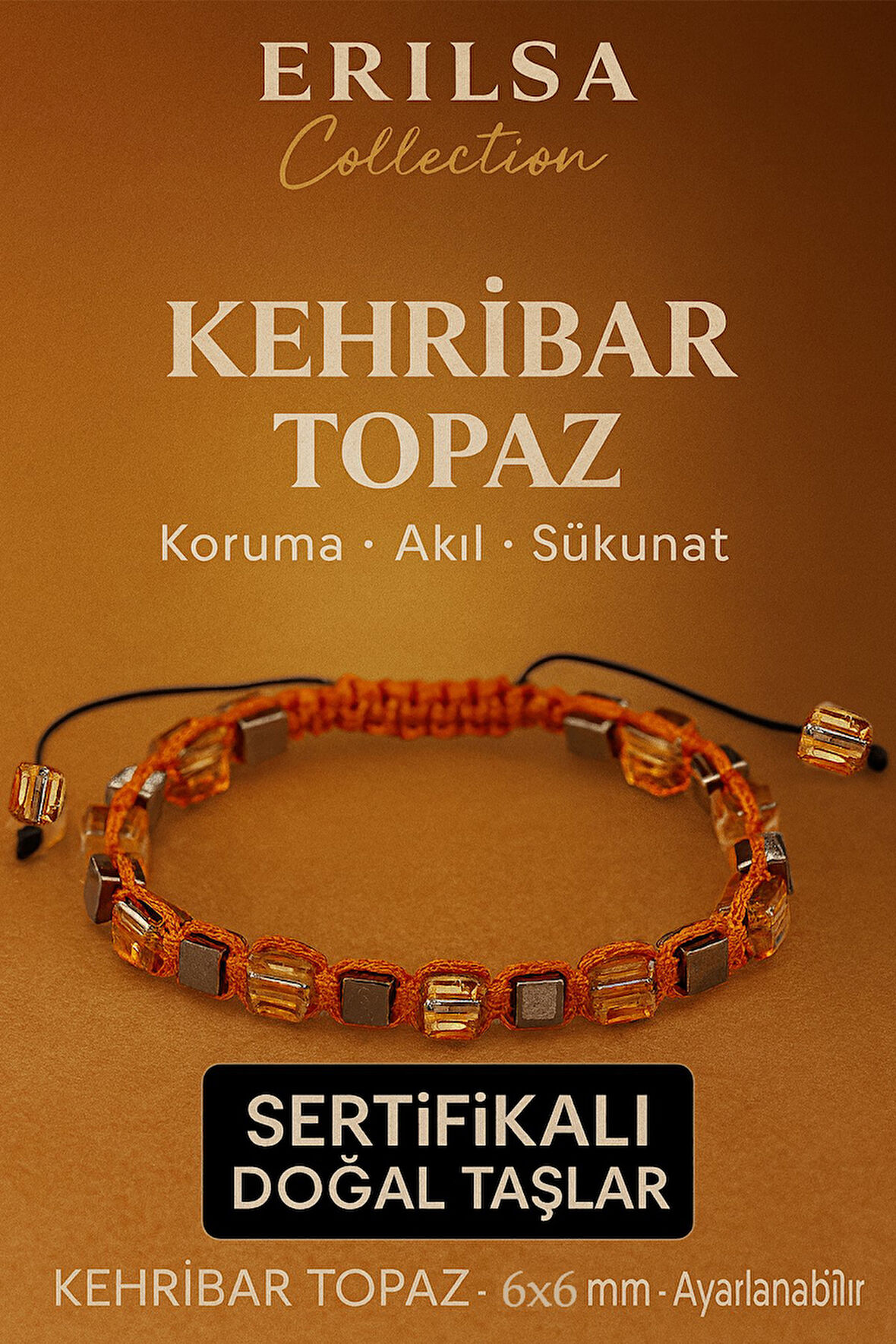 Sertifikalı Doğal Terahertz - Kehribar Turuncu Topaz Taşı Bileklik - Koruma ve Sükunet Taşı