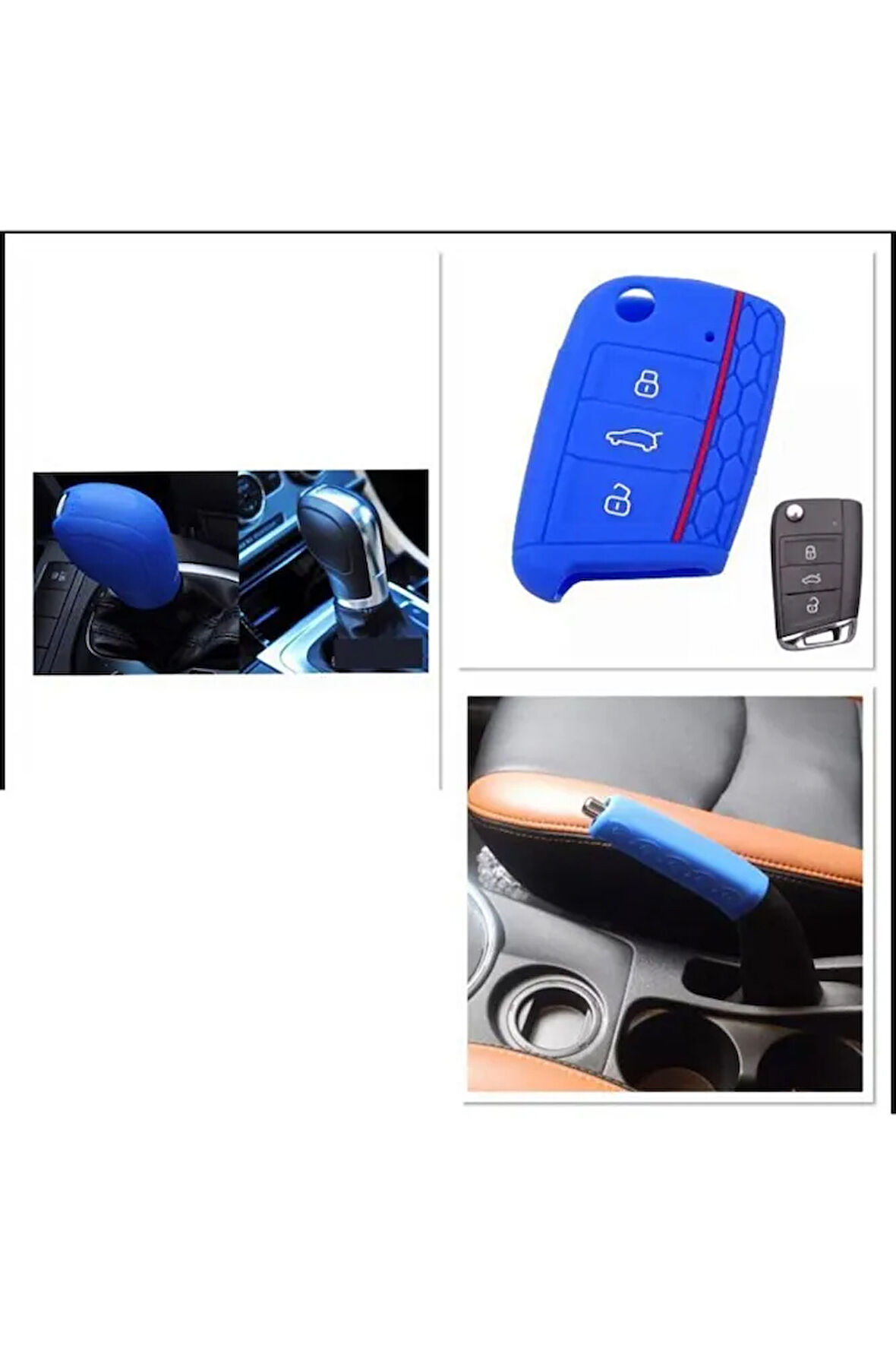Leon Golf Passat Polo Ibiza 3lü Set Anahtar Dsg Ve El Fren Silikon Koruma Kılıfı Mavi Set