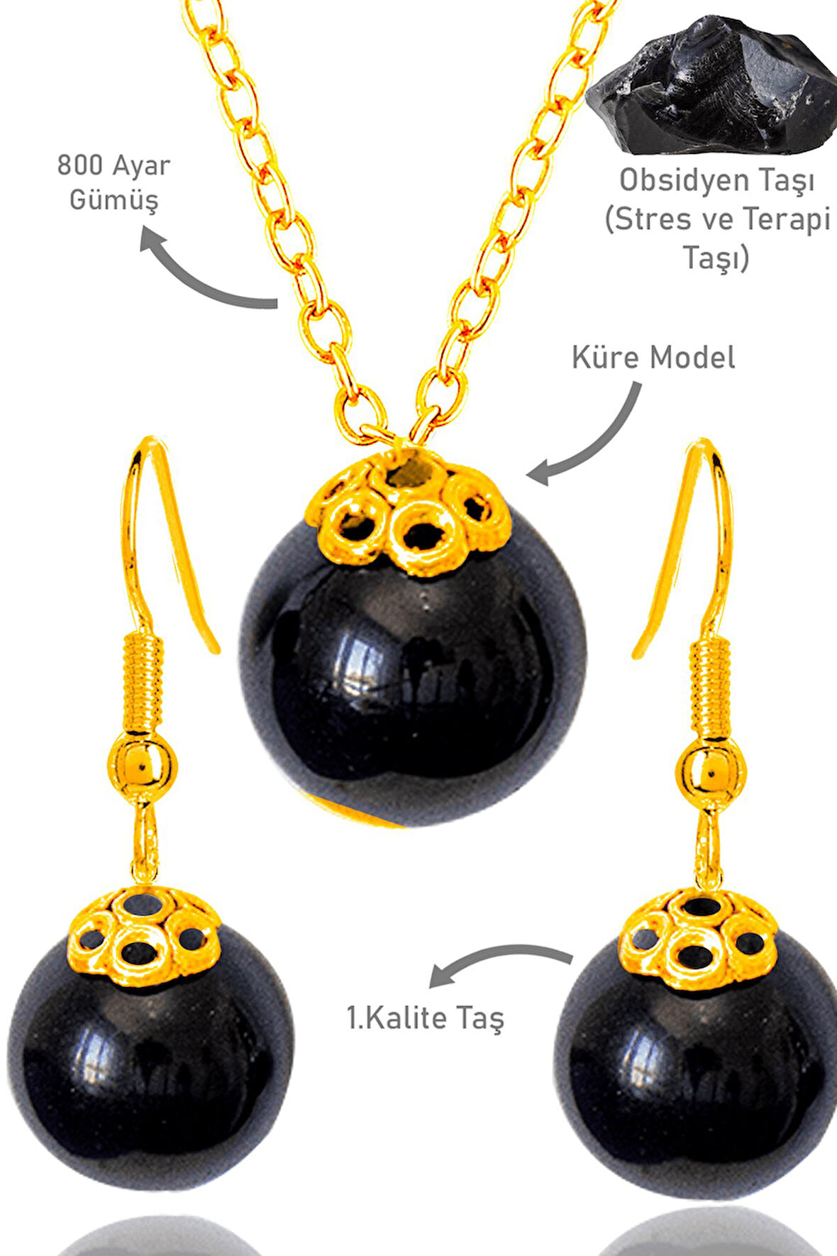 Sertifikalı Gold Küre Model Siyah Obsidyen Taşı Kolye ve Küpe Seti - Gümüş Aparatlı-min