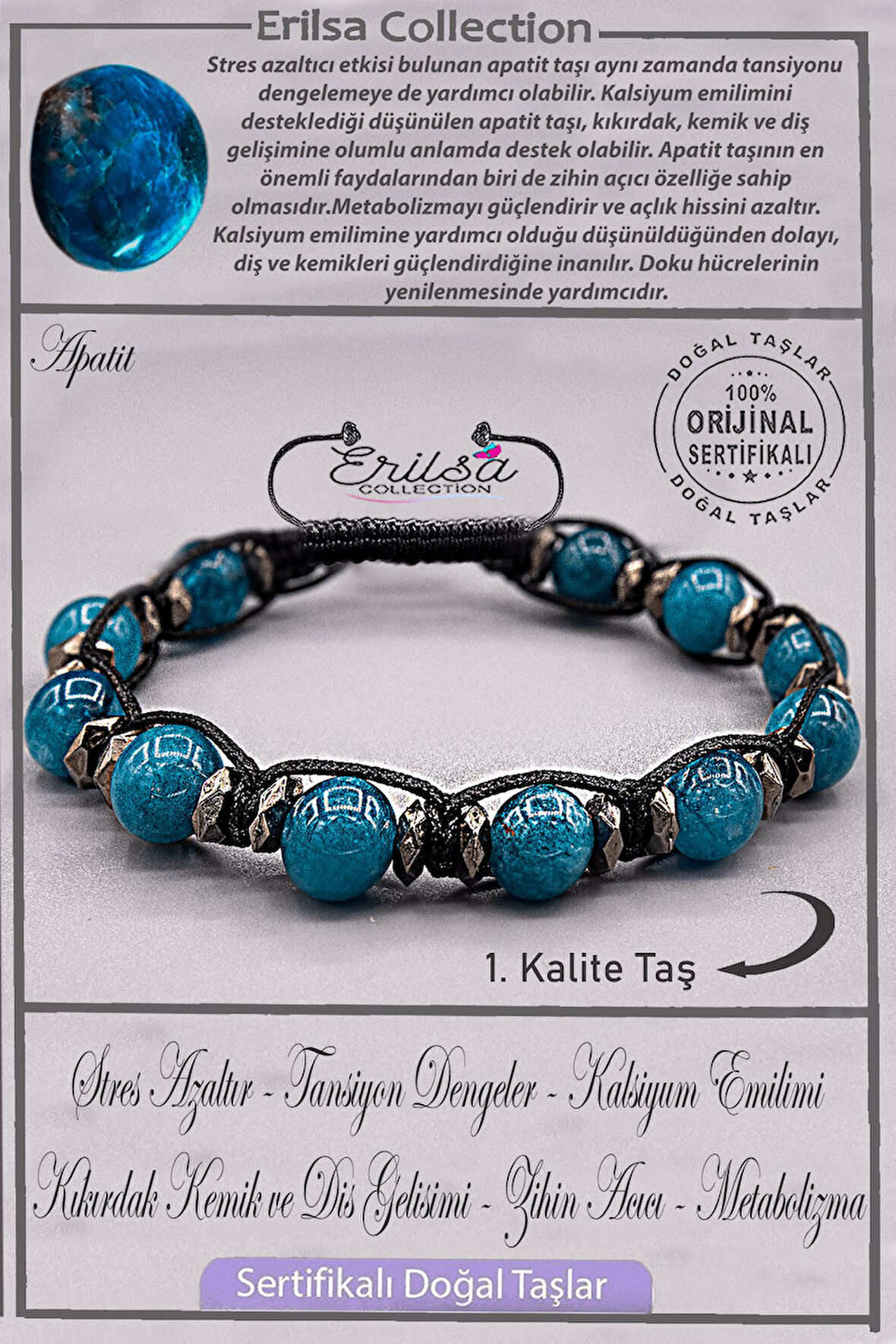 Sertifikalı AAA+ Kalite Gerçek Terahertz - Apatit Taşı Bileklik - Hindistan