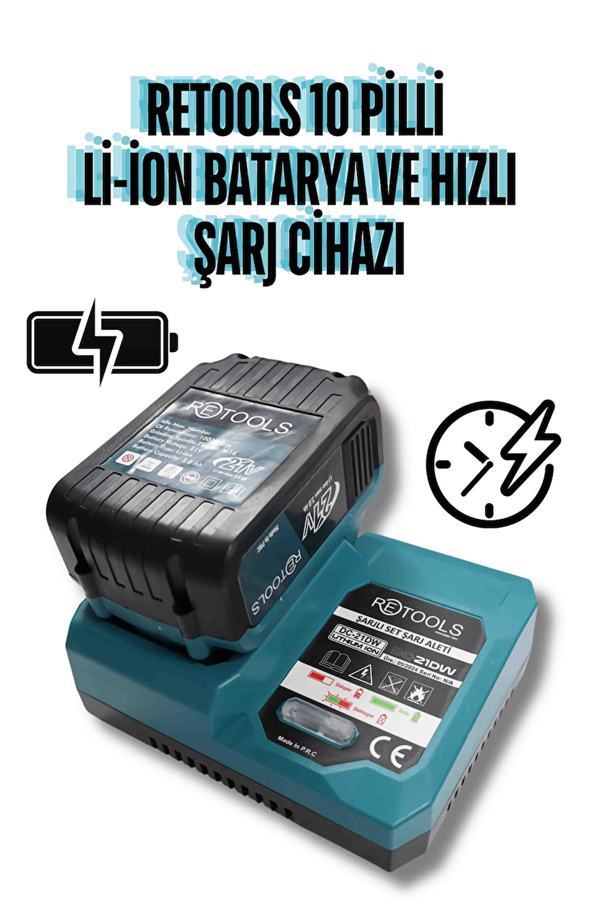 RETOOLS ULTRA HIZLI ŞARJ CİHAZI MAVİ VE 10 PİLLİ Lİ-İON BATARYA 21V/3.0AH EKONOMİK SET!