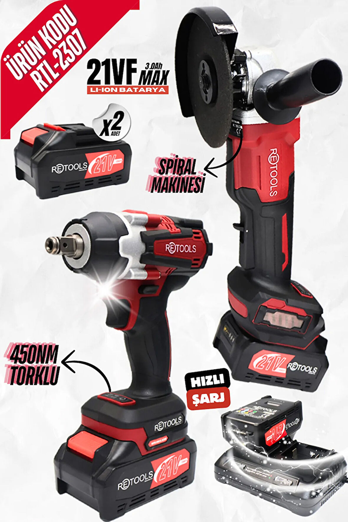 RETOOLS 2 Lİ SET KIRMIZI (SPİRAL - 450 NM SOMUN SIKMA (ÇİFT PORTLU ŞARJ ALETLİ)