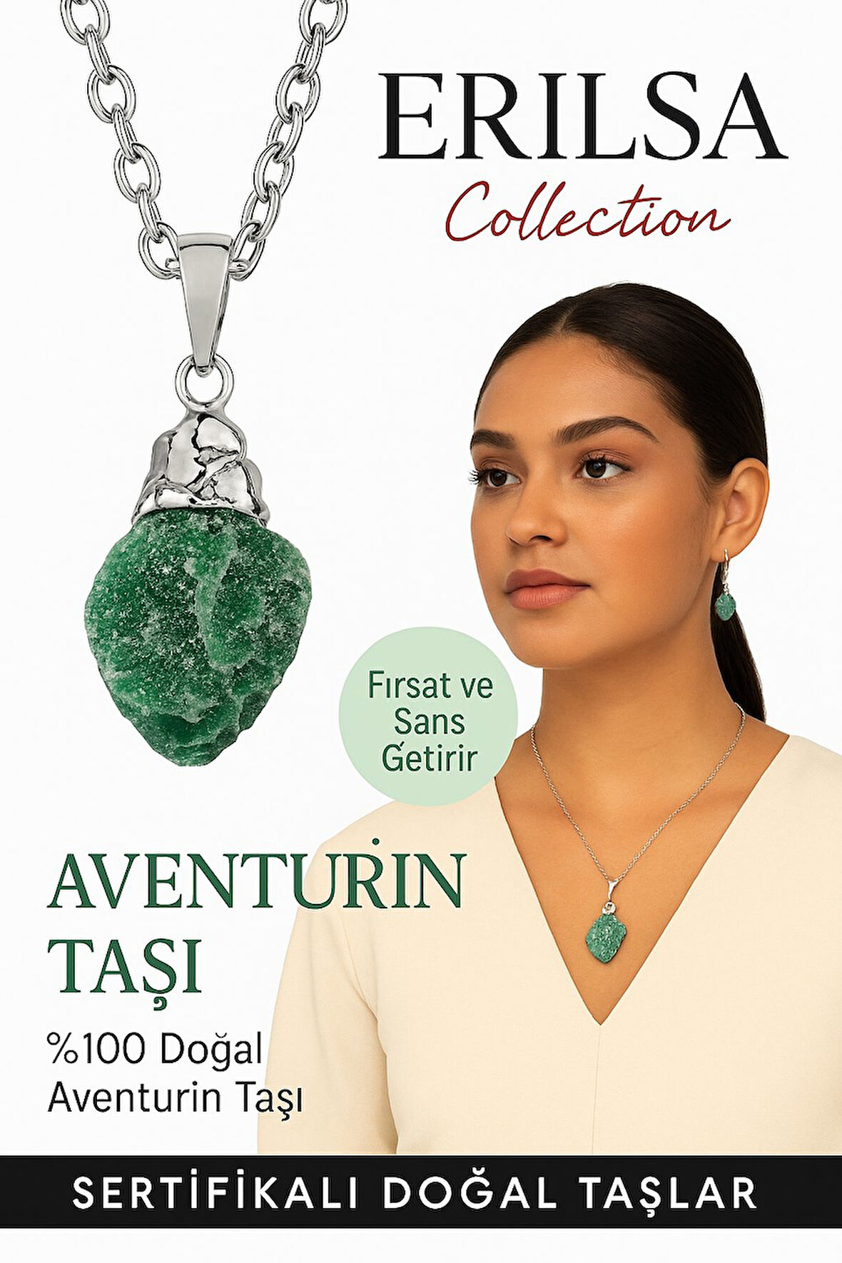 Sertifikalı Ham İşlenmemiş Aventurin Taşı Kolye – Şans, Bolluk ve Kalp Dengeleyici Doğal Taş