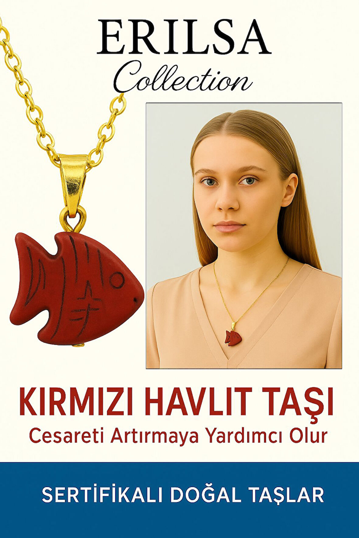 Sertifikalı Sarı Renkli Balık Model Kırmızı Havlit Taşı Kolye