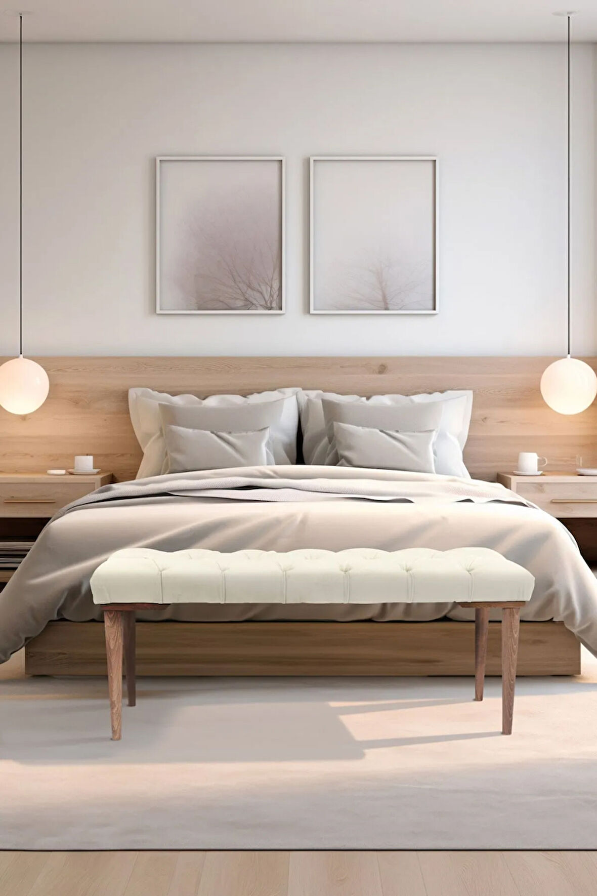 Gazzini Classic Retro Gürgen Ayak Chester Model Kapitoneli Beyaz Puf Bench - Ceviz Ayak