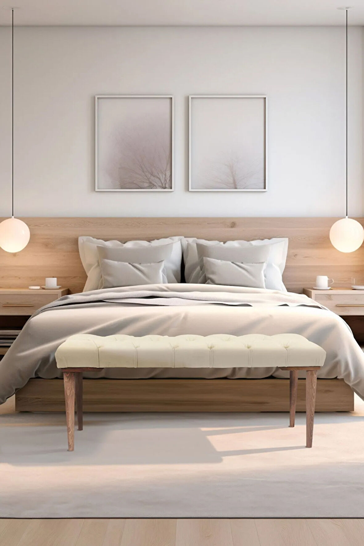 Gazzini Classic Retro Gürgen Ayak Chester Model Kapitoneli Krem Puf Bench - Ceviz Ayak