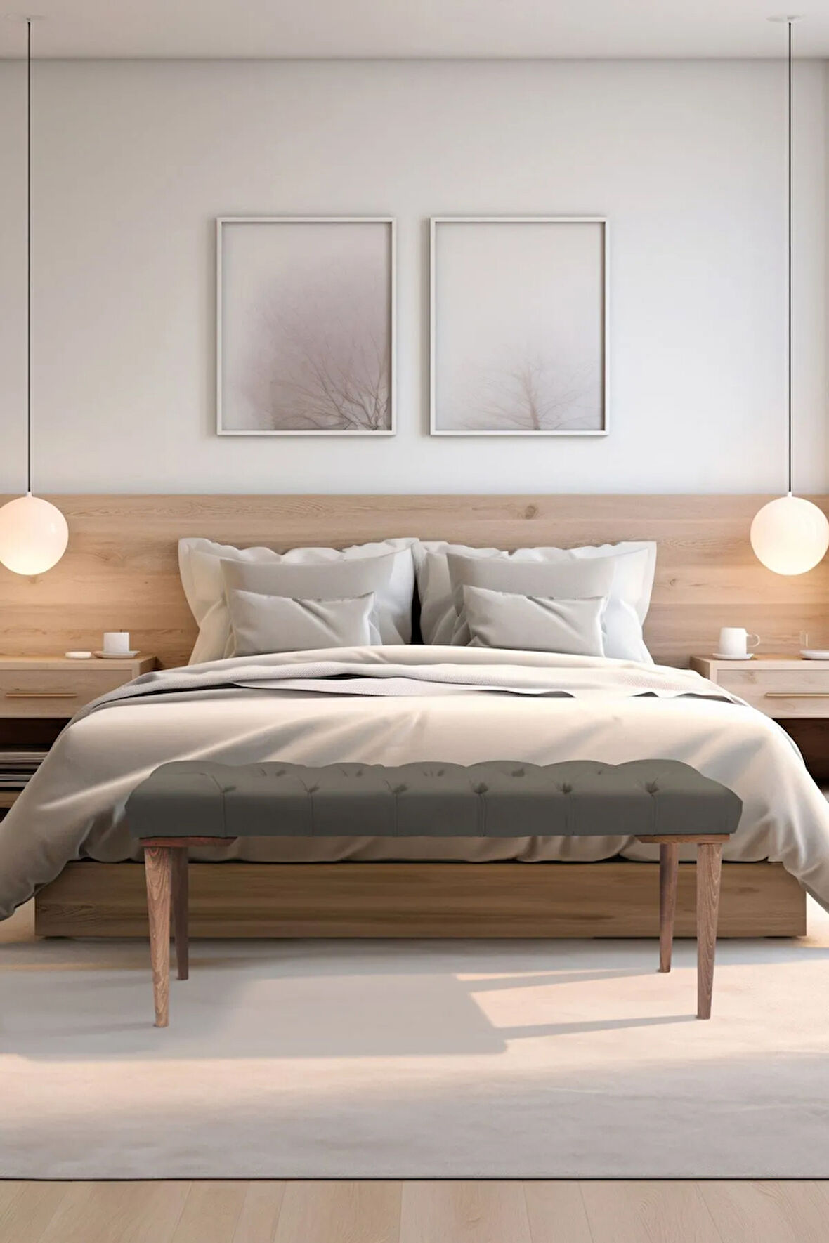 Gazzini Classic Retro Gürgen Ayak Chester Model Kapitoneli Antrasit Puf Bench - Ceviz Ayak