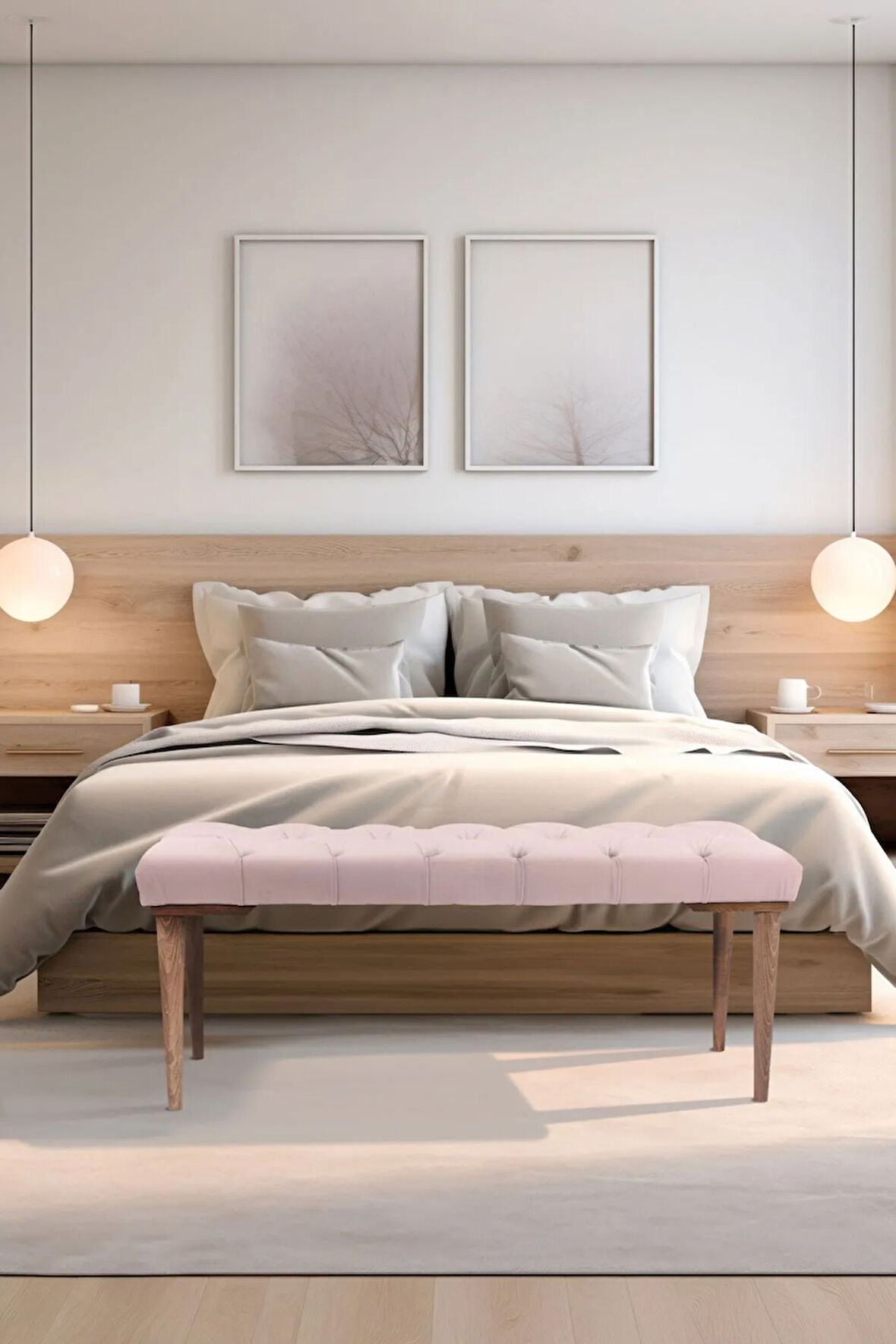 Gazzini Classic Retro Gürgen Ayak Chester Model Kapitoneli Pembe Puf Bench - Ceviz Ayak