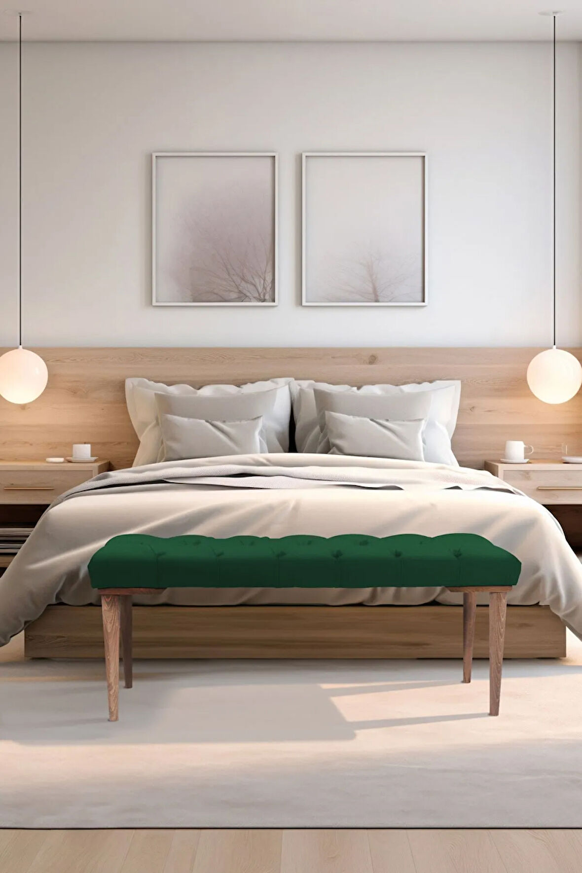 Gazzini Classic Retro Gürgen Ayak Chester Model Kapitoneli Yeşil Puf Bench - Ceviz Ayak