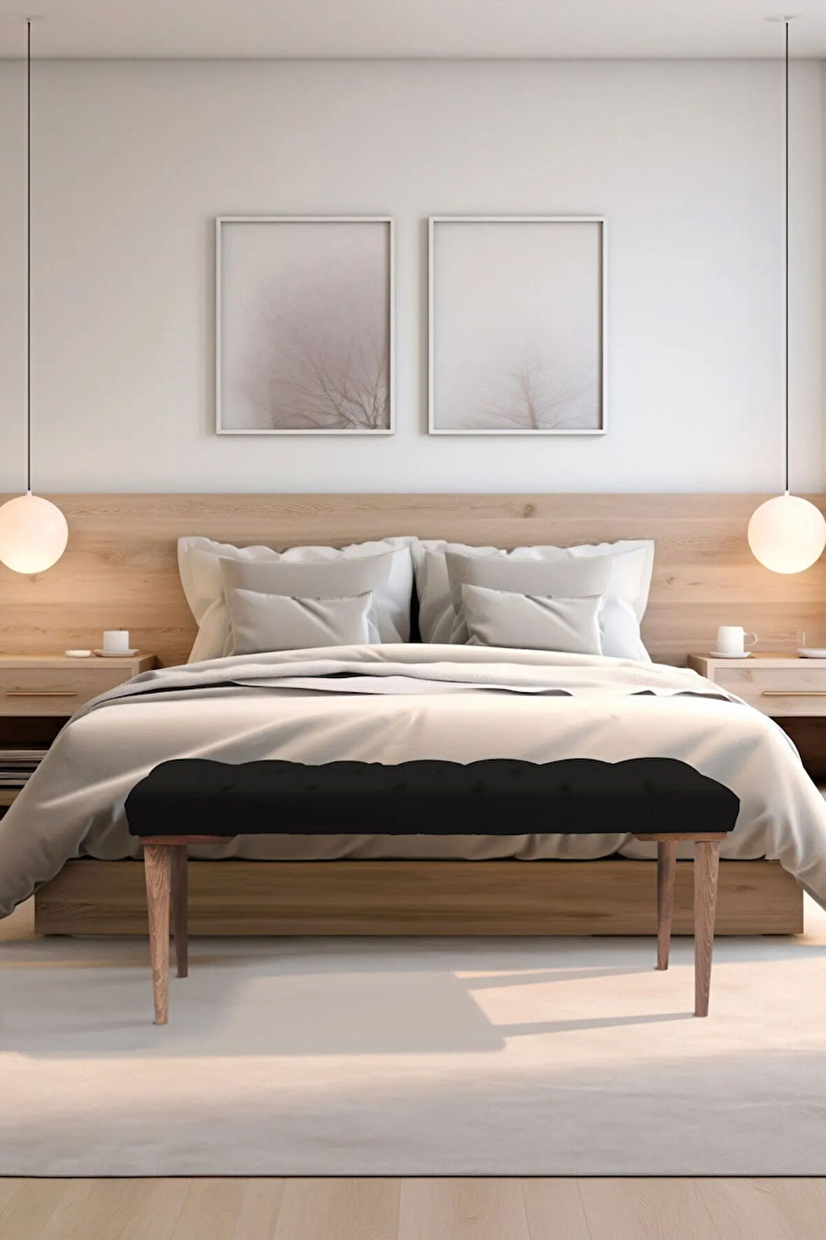 Gazzini Classic Retro Gürgen Ayak Chester Model Kapitoneli Siyah Puf Bench - Ceviz Ayak