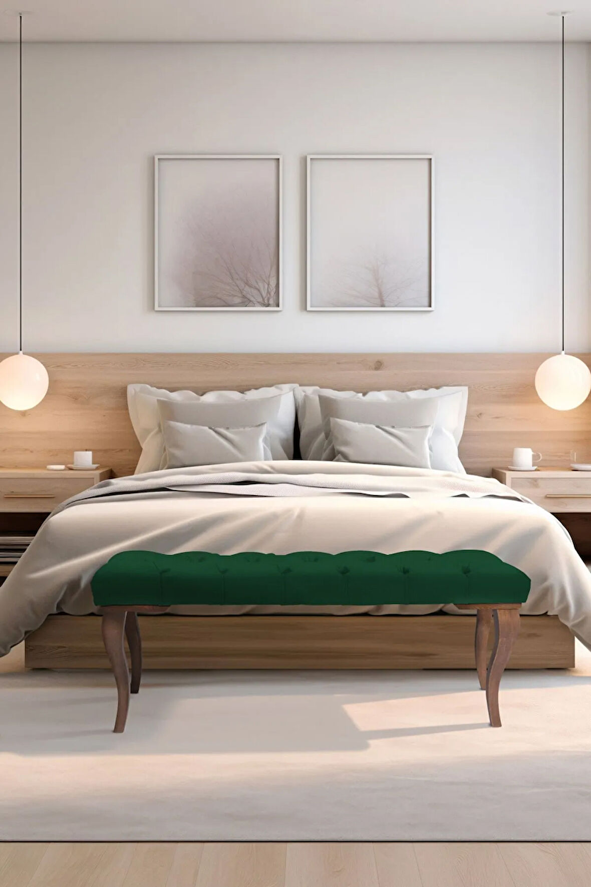 Gazzini Classic Lükens Gürgen Ayak Chester Model Kapitoneli Yeşil Puf Bench - Ceviz Ayak