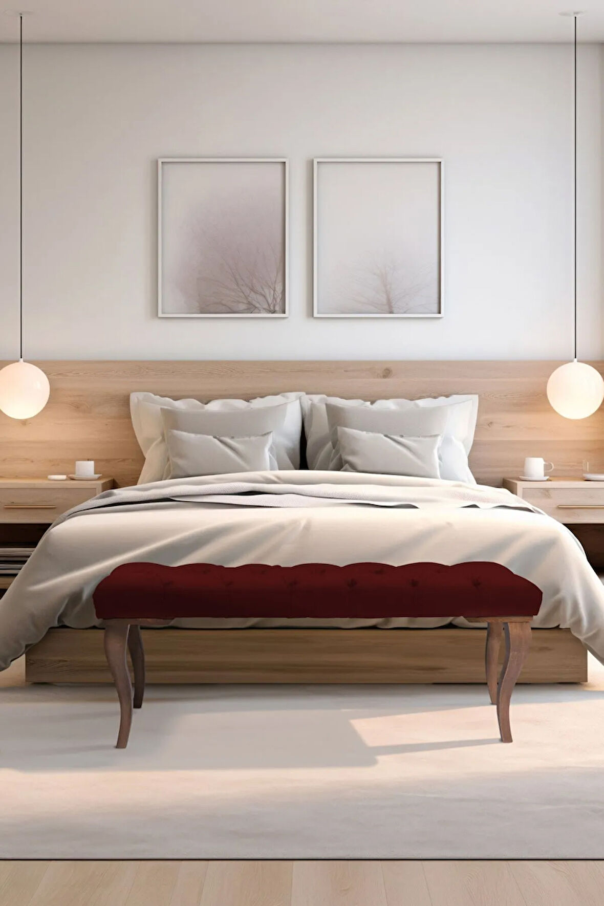 Gazzini Classic Lükens Gürgen Ayak Chester Model Kapitoneli Bordo Puf Bench - Ceviz Ayak