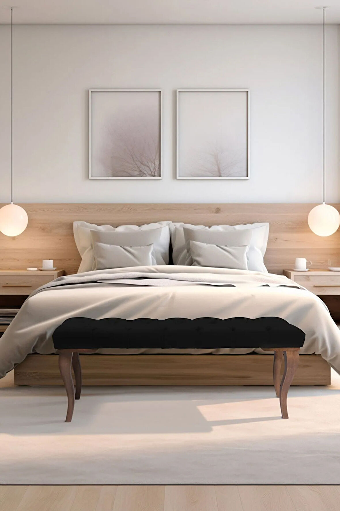 Gazzini Classic Lükens Gürgen Ayak Chester Model Kapitoneli Siyah Puf Bench - Ceviz Ayak