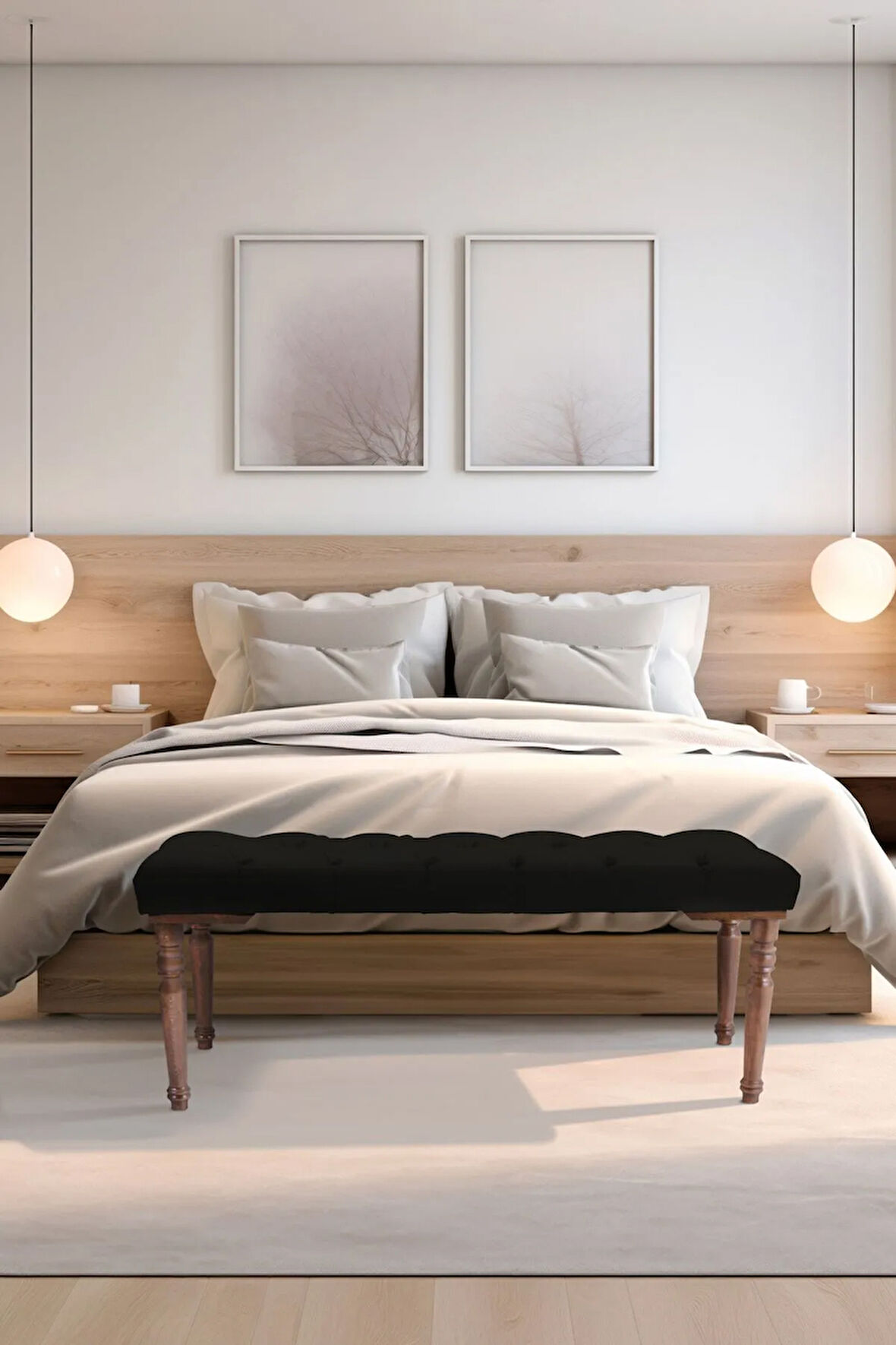 Gazzini Classic Torna Gürgen Ahşap Ayak Chester Model Kapitoneli Siyah Puf Bench - Ceviz Ayak